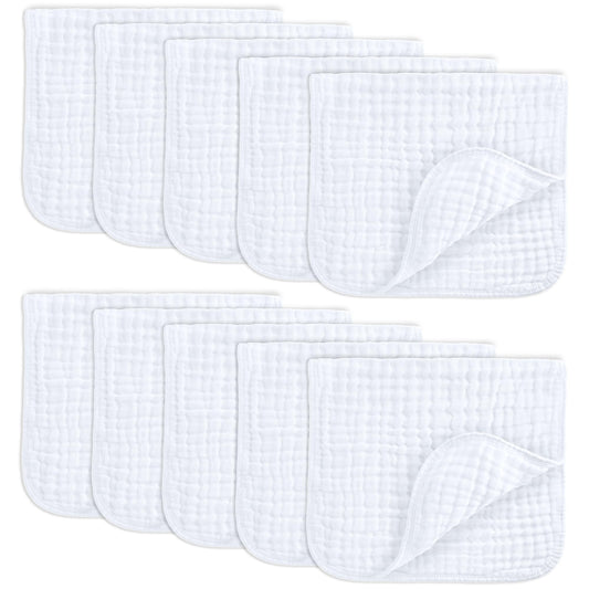 Comfy Cubs Muslin Burp Cloths 20" x 10", Pack of 10 - Large, 6-Layer, Ultra Absorbent 100% Cotton for Baby Drool and Messes - Soft, Safe & Gentle Baby Burp Cloths for Boys & Girls - White
