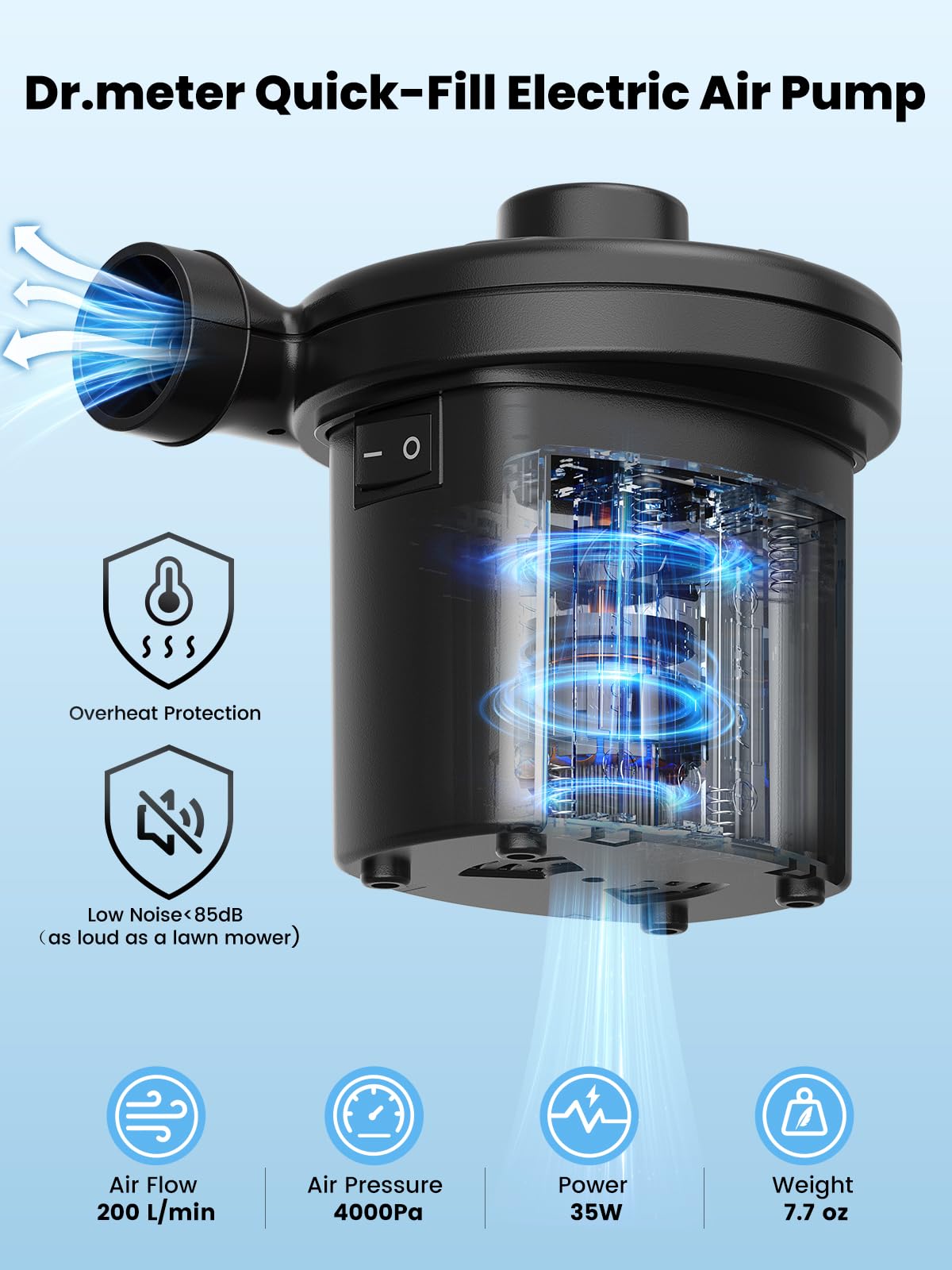 Dr.meter Air Mattress Pump, 3 Ways Powered Portable Electric Air Pump with 3-Nozzle AC 110V, DC 12V, Battery Operated Quick-Fill Inflator Deflator for Inflatable Pool Float Air Bed Boat Swimming Ring