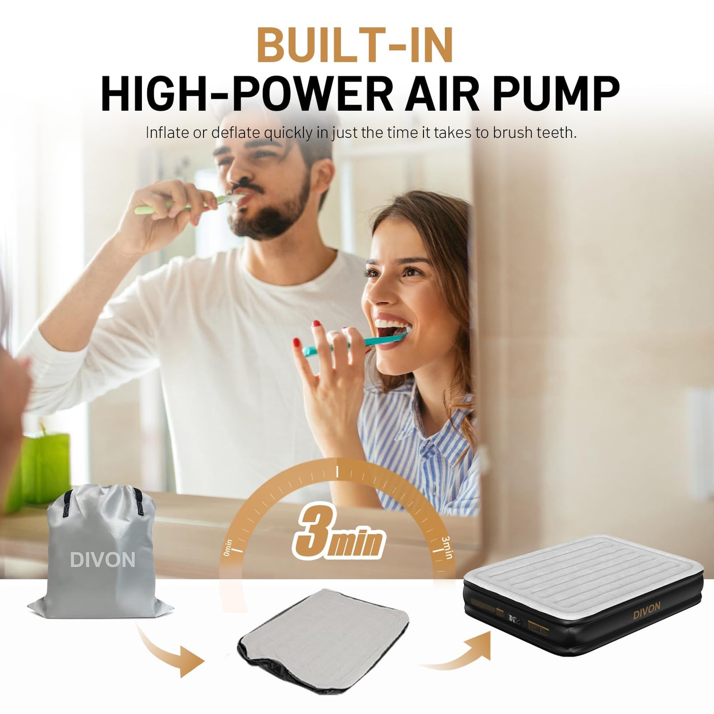 DIVON Air Mattress Queen with Built in Pump,Blow Up Mattress with Wave Pattern in 3 Mins,15’’High Quick Inflatable Mattress Queen,Air Bed for Home&Camping,660lbs