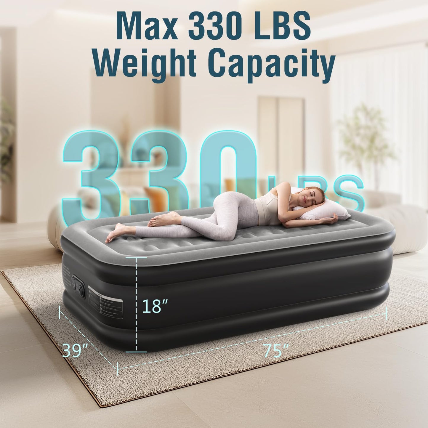 Ezyrest Air Mattress 18", Twin Air Bed with Soft Flocked Top and Portable Carry Bag, Twin Air Mattress with Built in Pump Raised for Guest, Office, Camping (Black)