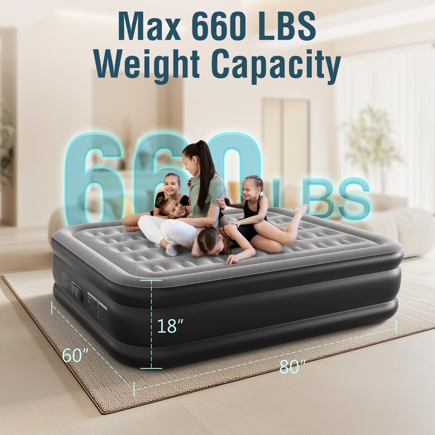 Ezyrest Air Mattress 18", Queen Air Mattress with Built in Pump, Inflatable Mattress with Soft Flocked Top and Portable Carry Bag Adjustable Blow Up Mattress for Guest, Indoor, Travel (Black)