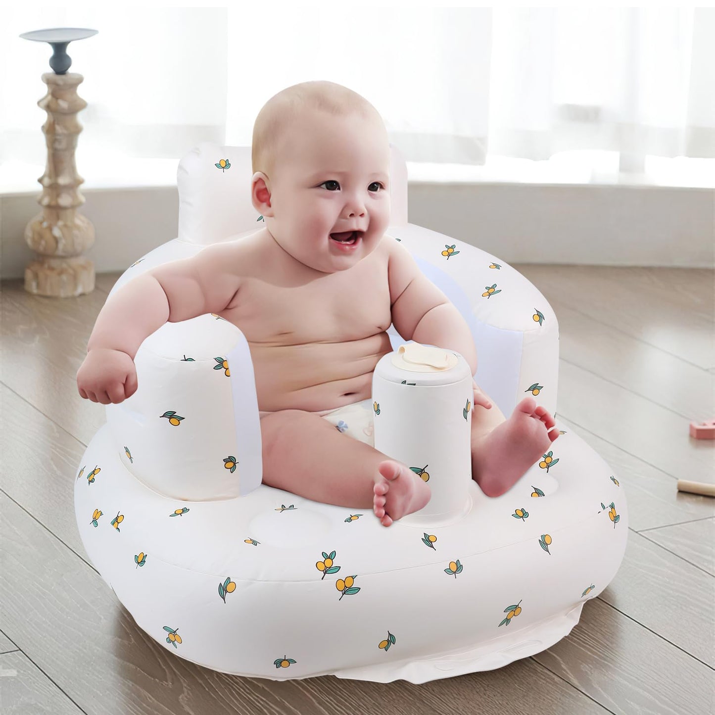 EKEPE Inflatable Baby Seat for Babies 3 Months & Up, Infant Floor Seats for Sitting Up, Baby Seats for Infants, Blow Up Baby Chair with Built in Air Pump - Olive Flower