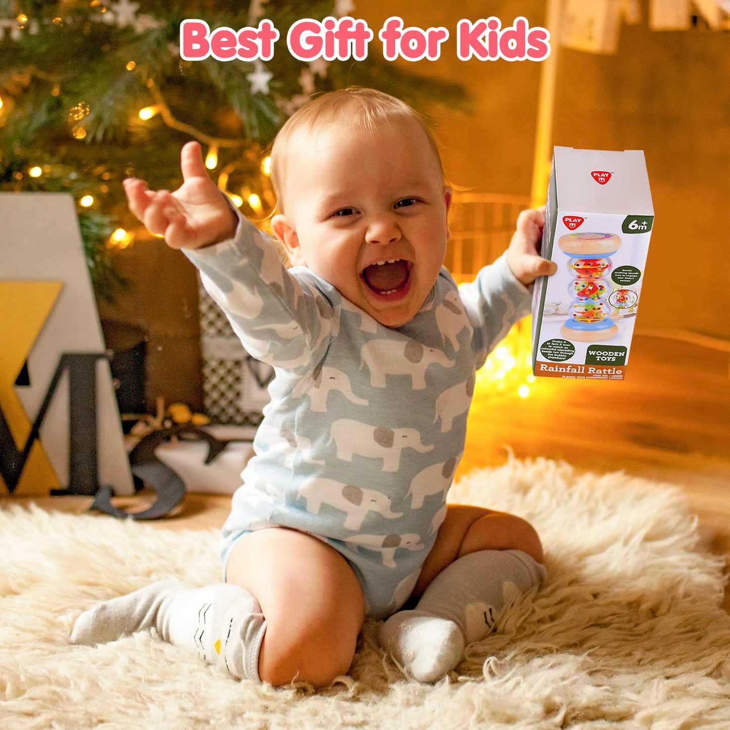 PLAY Rainmaker - 7 inch Wooden Rainbow Rain Stick Montessori Toys for Babies 6-12 Months, Baby Rattle Shaker Sensory Developmental Toy, Raindrops Musical Instrument