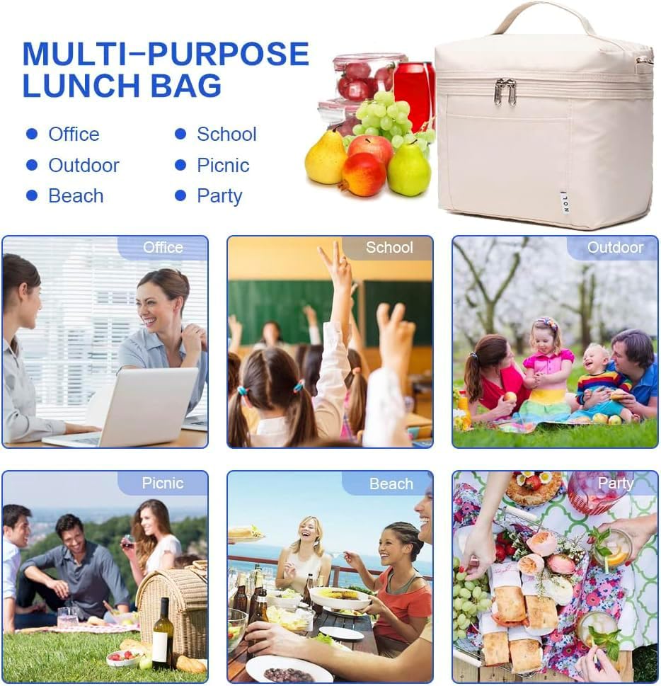 NOL Natural Organic Lifestyle Insulated Lunch Bags for Women Cooler Bag Lightweight Nylon Waterproof Lunch Box For Work(Medium, Cream