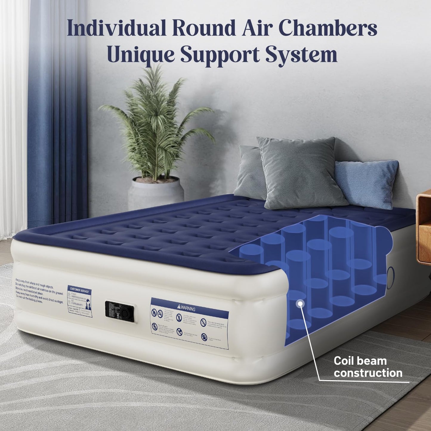 KNZZO Air Mattress Queen with Built-in Pump, Blow Up Mattress with Soft Flocked Top, Leakproof Inflatable Mattress, Foldable Waterproof Air Bed for Home, Guests, Camping, with Storage Bag