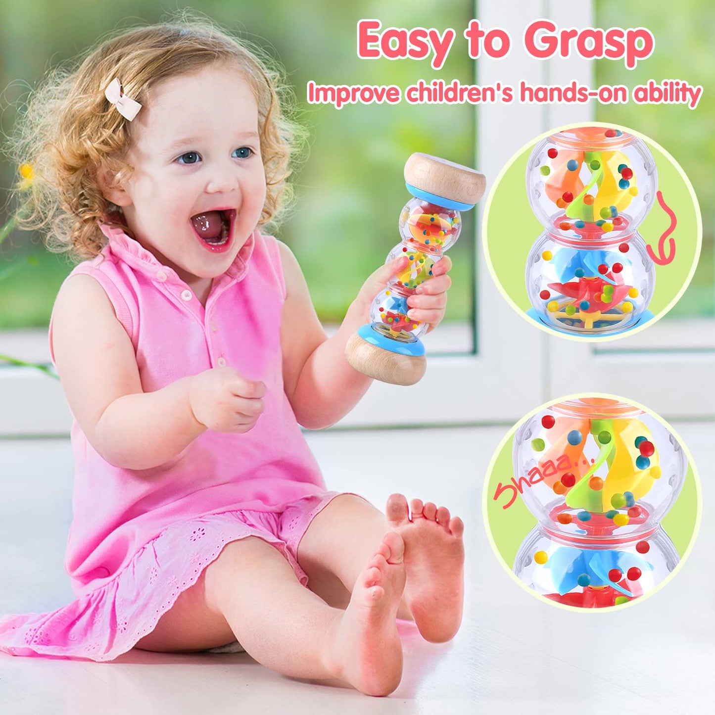 PLAY Rainmaker - 7 inch Wooden Rainbow Rain Stick Montessori Toys for Babies 6-12 Months, Baby Rattle Shaker Sensory Developmental Toy, Raindrops Musical Instrument