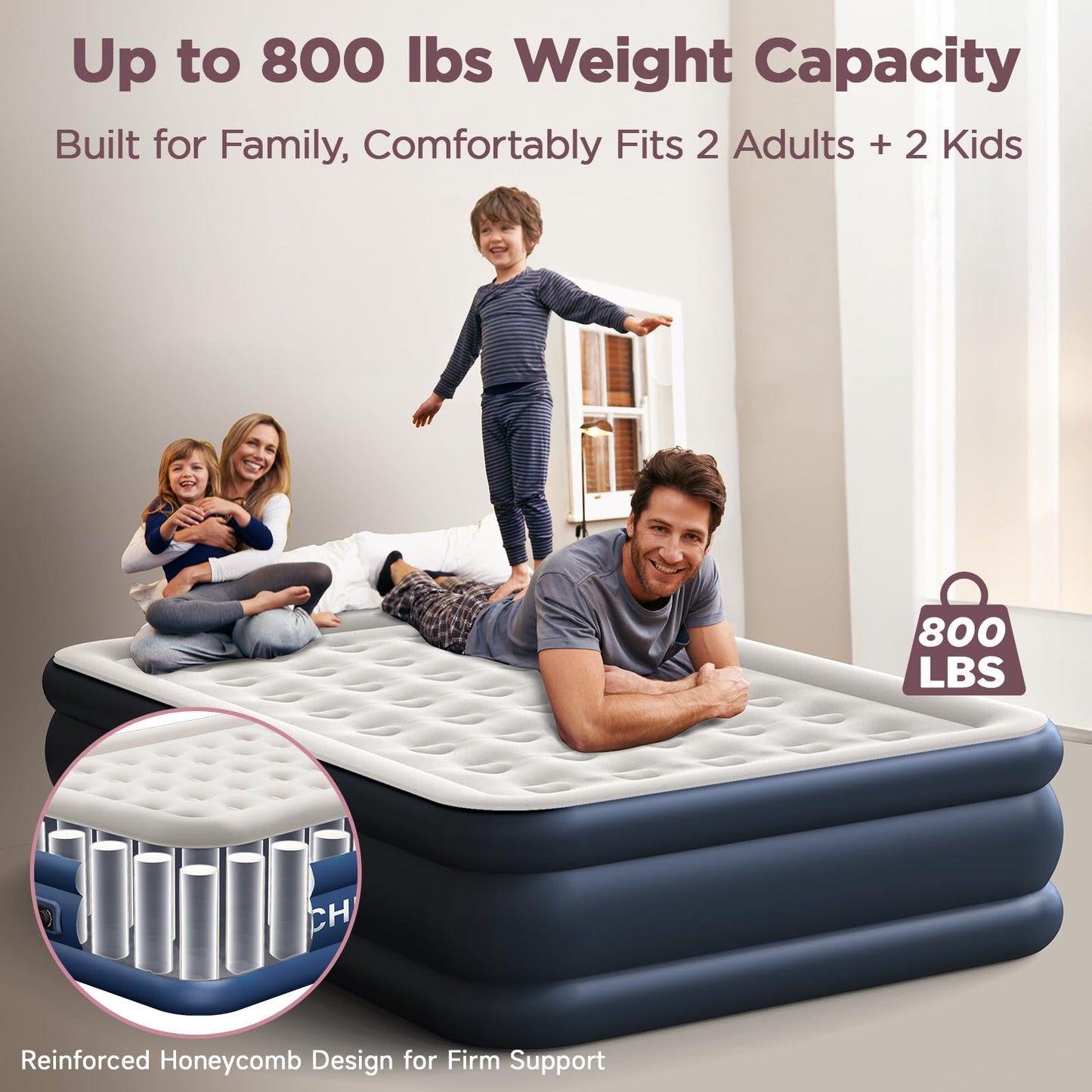 CHERIMOR Queen Air Mattress with Built in Pump, 18" Elevated Height, 48Hr Leak-Tested, Honeycomb Coil Support, 800 lbs Capacity, Fast 3-Min Inflation–Blow Up Mattress for Guest Room & Sleepover