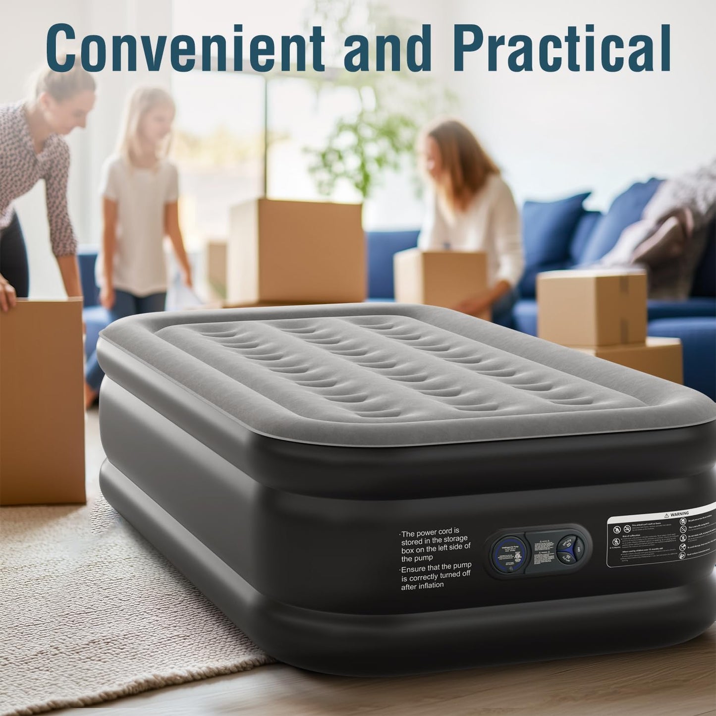 Ezyrest Twin Air Mattress Twin with Built in Pump 16" Double Height Inflatable Mattress with Soft Flocked Top & Carry Bag Adjustable Blow Up Mattress Portable Air Bed for Guest Indoor Travel-Black