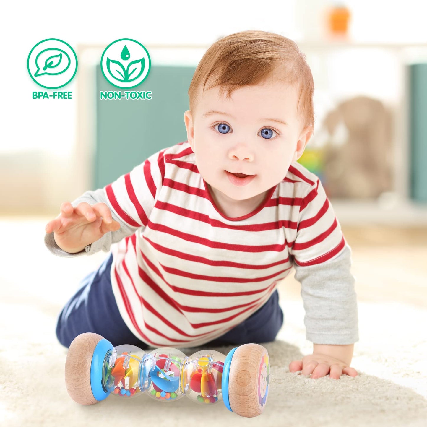 PLAY Rainmaker - 7 inch Wooden Rainbow Rain Stick Montessori Toys for Babies 6-12 Months, Baby Rattle Shaker Sensory Developmental Toy, Raindrops Musical Instrument