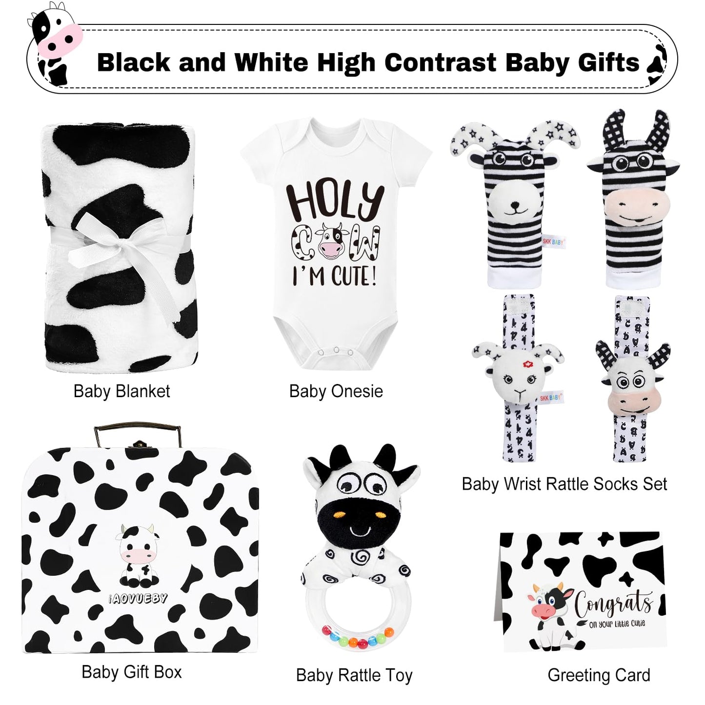 iAOVUEBY Baby Shower Gifts, Baby Gift Set for Newborn, Black and White High Contrast Baby Montessori Toys 0-6 Months Infant Rattle Socks Blanket Onesies, New Baby Gifts Basket for Girls Boys