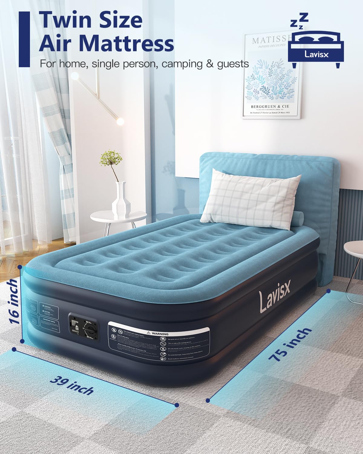 Lavisx Twin Air Mattress with Built in Pump 16" Blow Up Mattress Raised Air Bed, 3 Mins Quick Self Inflatable with Storage Bag for Guest and Home