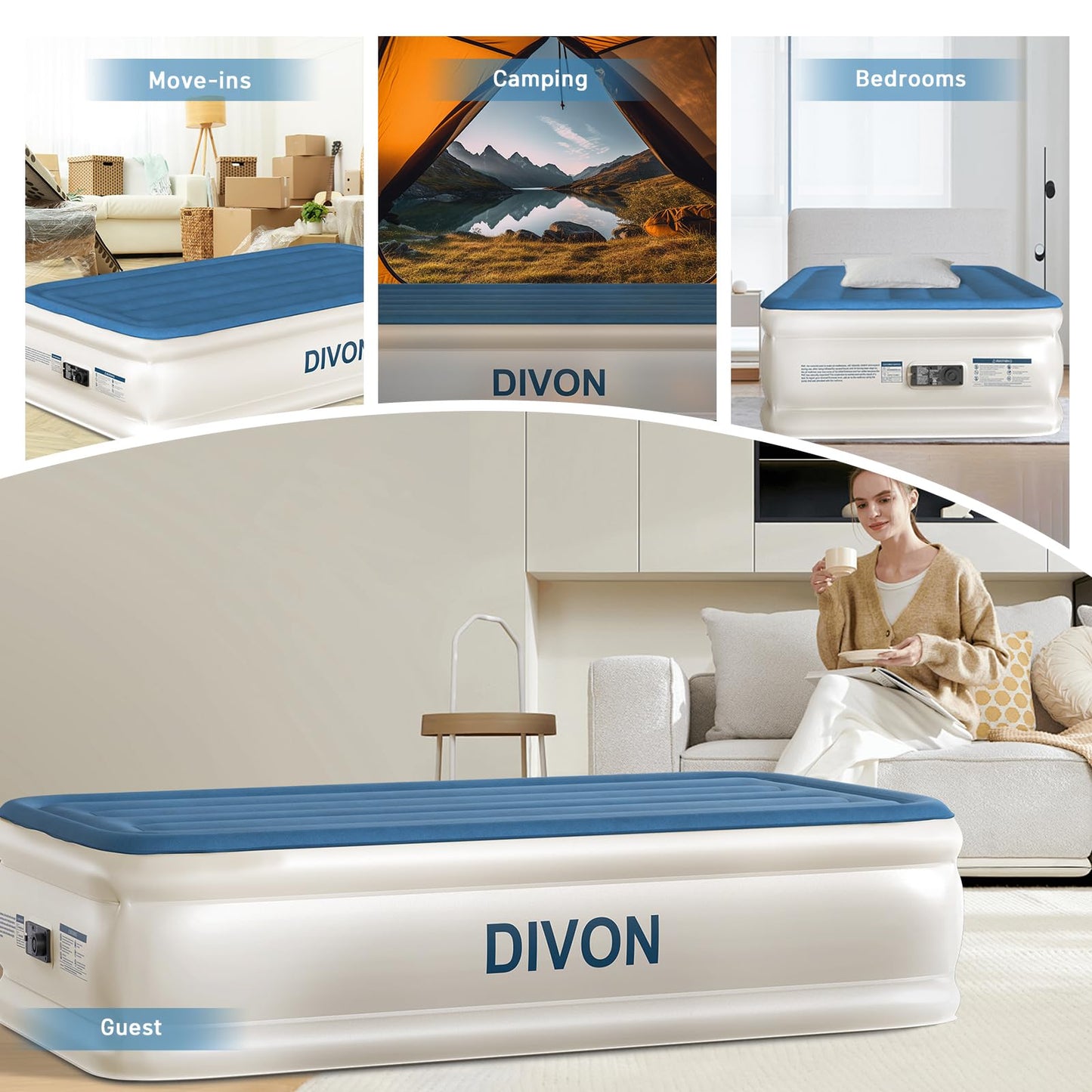 DIVON Twin Air Mattress with Built in Pump Raised,18”Single Inflatable Mattress in 2 Mins,Foldable Blow Up Mattress,Portable Twin Size Air Mattress for Camping,Travel&Floor,Air Bed for Adults,330lbs