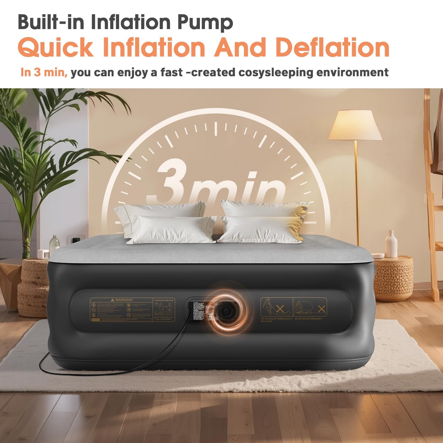 Air Mattress Full with Built in Pump,20'' Inflatable Mattress 2 Mins Self-Inflation/Deflation,Thicker Blow up Mattress Leak-Proof,Flocked Top Air Bed with Storage Bag for Home, Camping & Guests