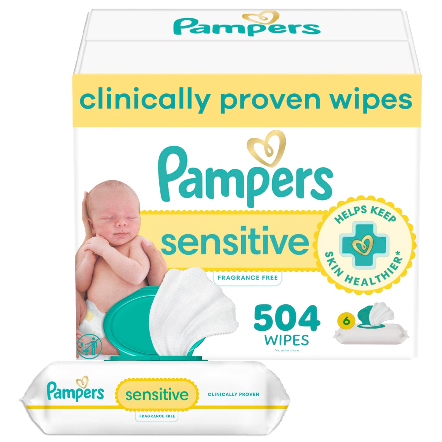Pampers Sensitive Baby Wipes, Water Based, Hypoallergenic and Unscented, 6 Flip-Top Packs (504 Wipes Total)