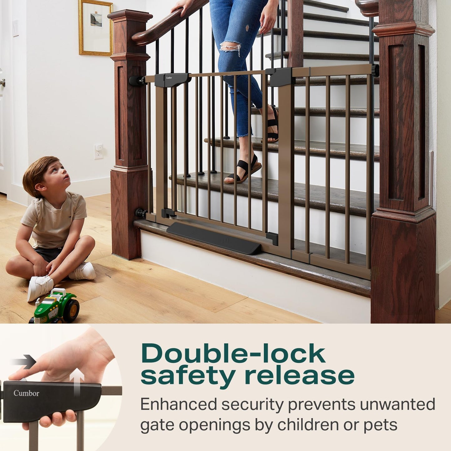 Cumbor 29.7-46" Baby Gate for Stairs, Mom's Choice Awards Winner-Auto Close Dog Gate for the House, Easy Install Pressure Mounted Pet Gates for Doorways, Easy Walk Thru Wide Safety Gate for Dog, Brown