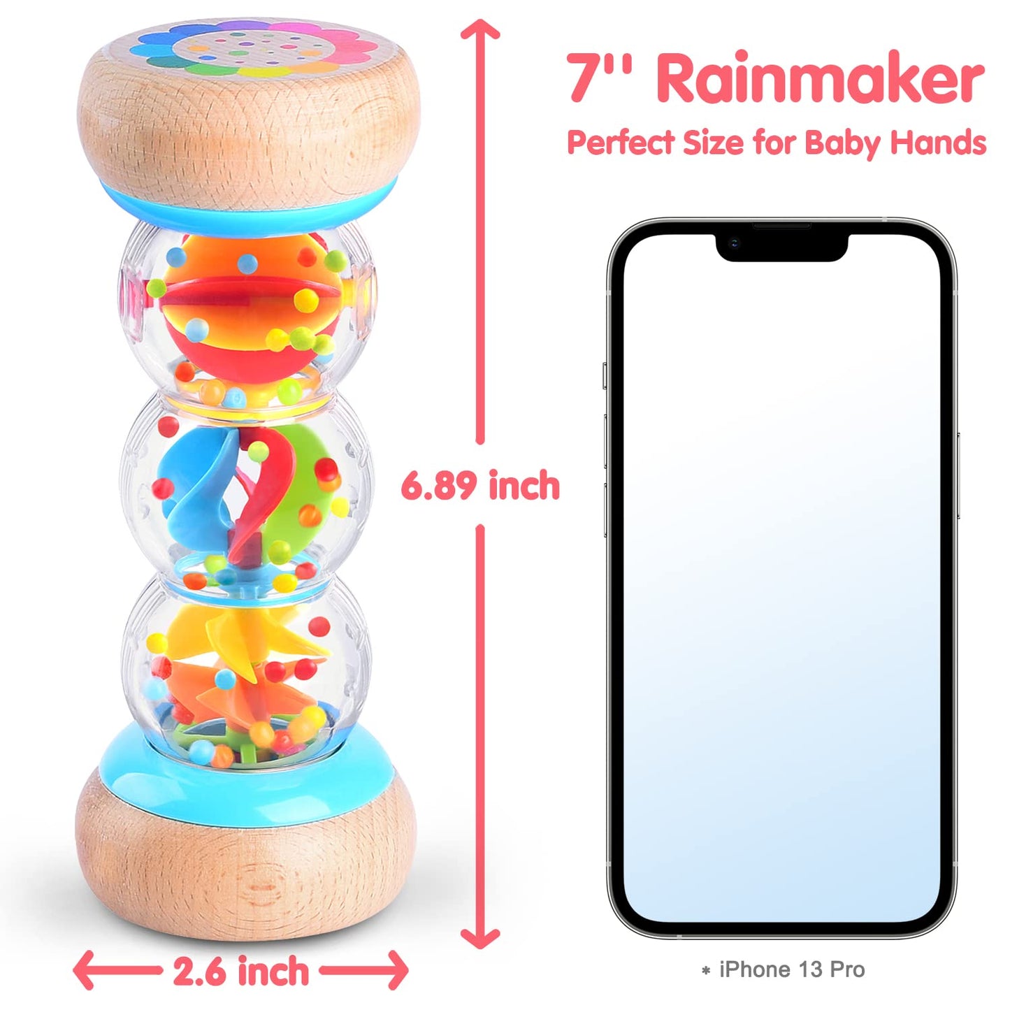 PLAY Rainmaker - 7 inch Wooden Rainbow Rain Stick Montessori Toys for Babies 6-12 Months, Baby Rattle Shaker Sensory Developmental Toy, Raindrops Musical Instrument