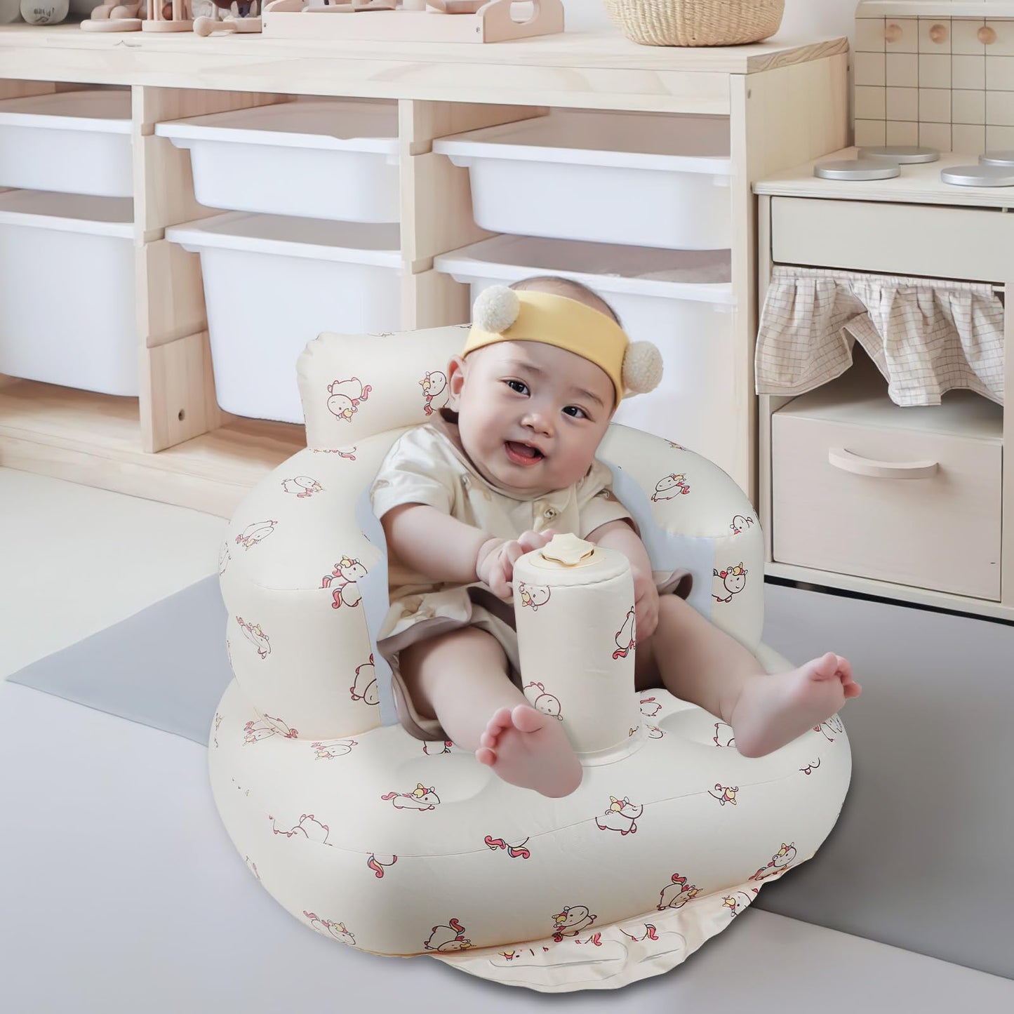 EKEPE Inflatable Baby Seat with Built in Pump for Babies 3 Months & Up, Baby Floor Seats for Sitting Up, Blow Up Baby Chair for Infants - Unicorn