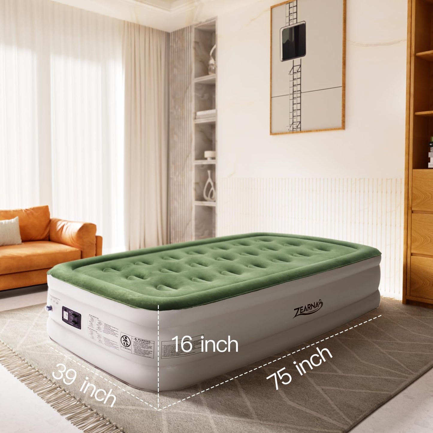 Zearna Twin Air Mattress with Built Pump, 16" Durable Blow Up Mattress Airbed, Comfortable Top Surface Inflatable Mattress for Camping Home & Portable Travel