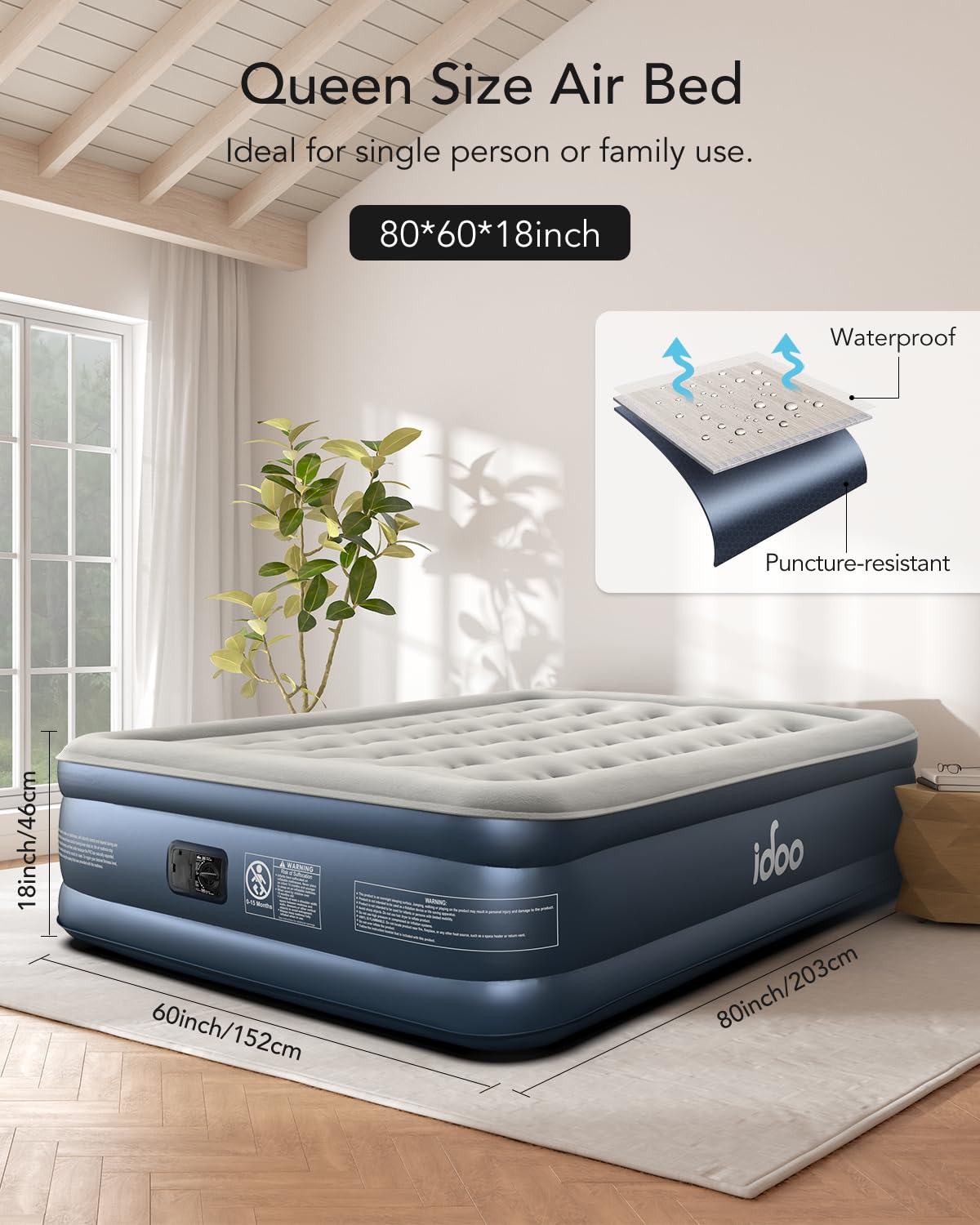 iDOO Queen Air Mattress with Built in Pump, 18 Raised Comfort Inflatable Blow up Mattress, Upgraded Four Chamber Portable Air Bed for Camping, Guests and Home, Colchon Inflable, 650 lbs Max
