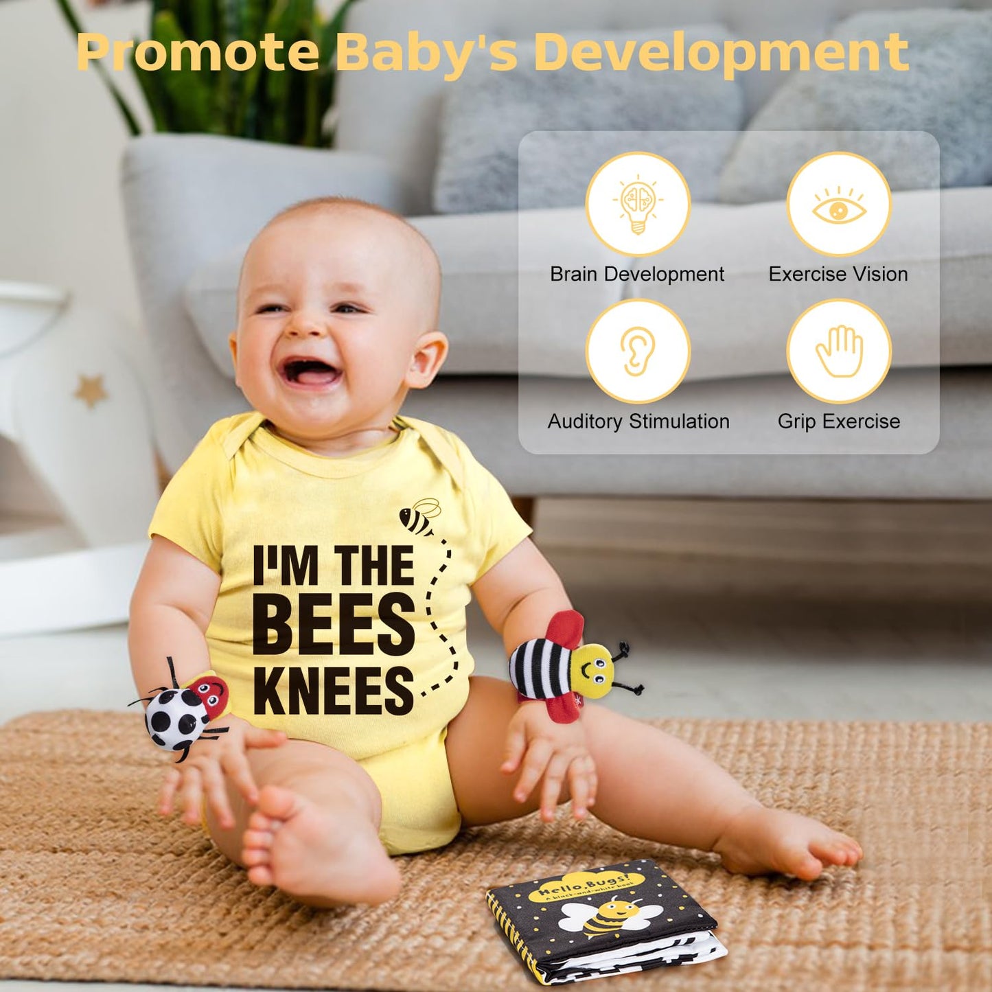 iAOVUEBY Baby Gift Set for Newborn, Bee Baby Shower Gifts Basket, High Contrast Baby Book Toys 0-6 Months Infant Rattle Socks Blanket Hat Onesie Baby Gifts Essentials for Girls Boys