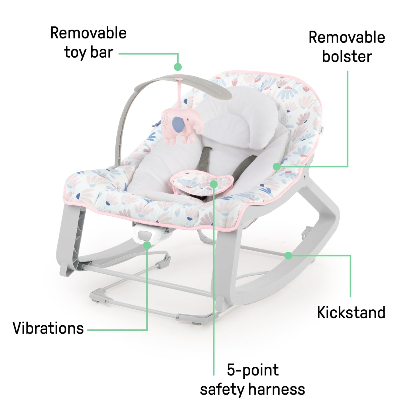 Ingenuity Keep Cozy 3-in-1 Grow with Me Vibrating Baby Bouncer Seat & Infant to Toddler Rocker, Vibrations & -Toy Bar, 0-30 Months Up to 40 lbs (Pink Burst)