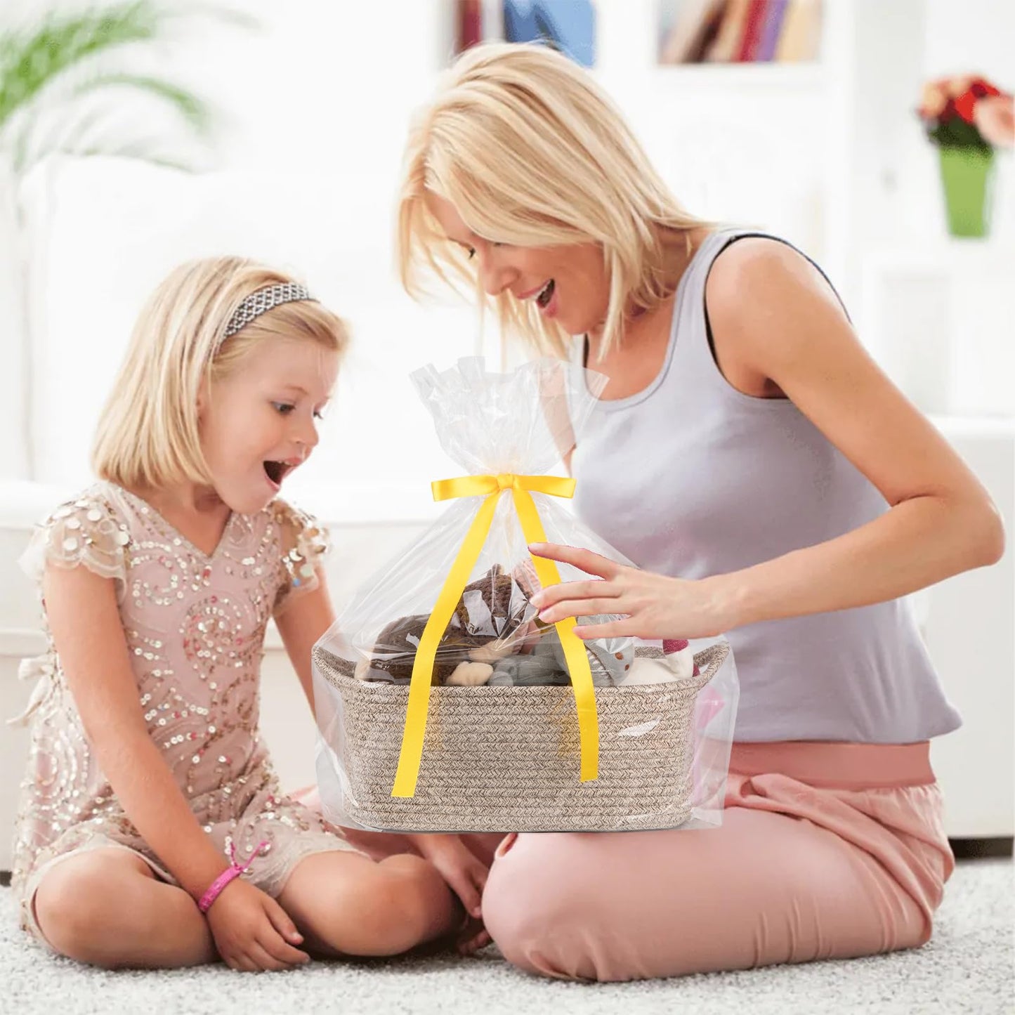 OIAHOMY Woven Basket, Gift Basket Empty with Gift Bags and Ribbons, Rope Baskets for Baby Showers, Storage Baskets with Handles for Nursery, Pet Toy Organizer - Brown