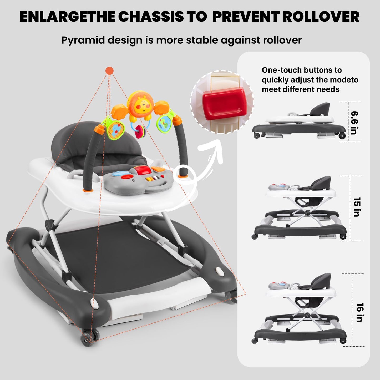 Boyro Baby Baby Walker, 5-in-1 Baby Walkers for Boys and Girls 6-12 Months with Bouncer, Removable Footrest, Feeding Tray & Music, Foldable & Adjustable Activity Walker for 6-18 Months Toddler Infant