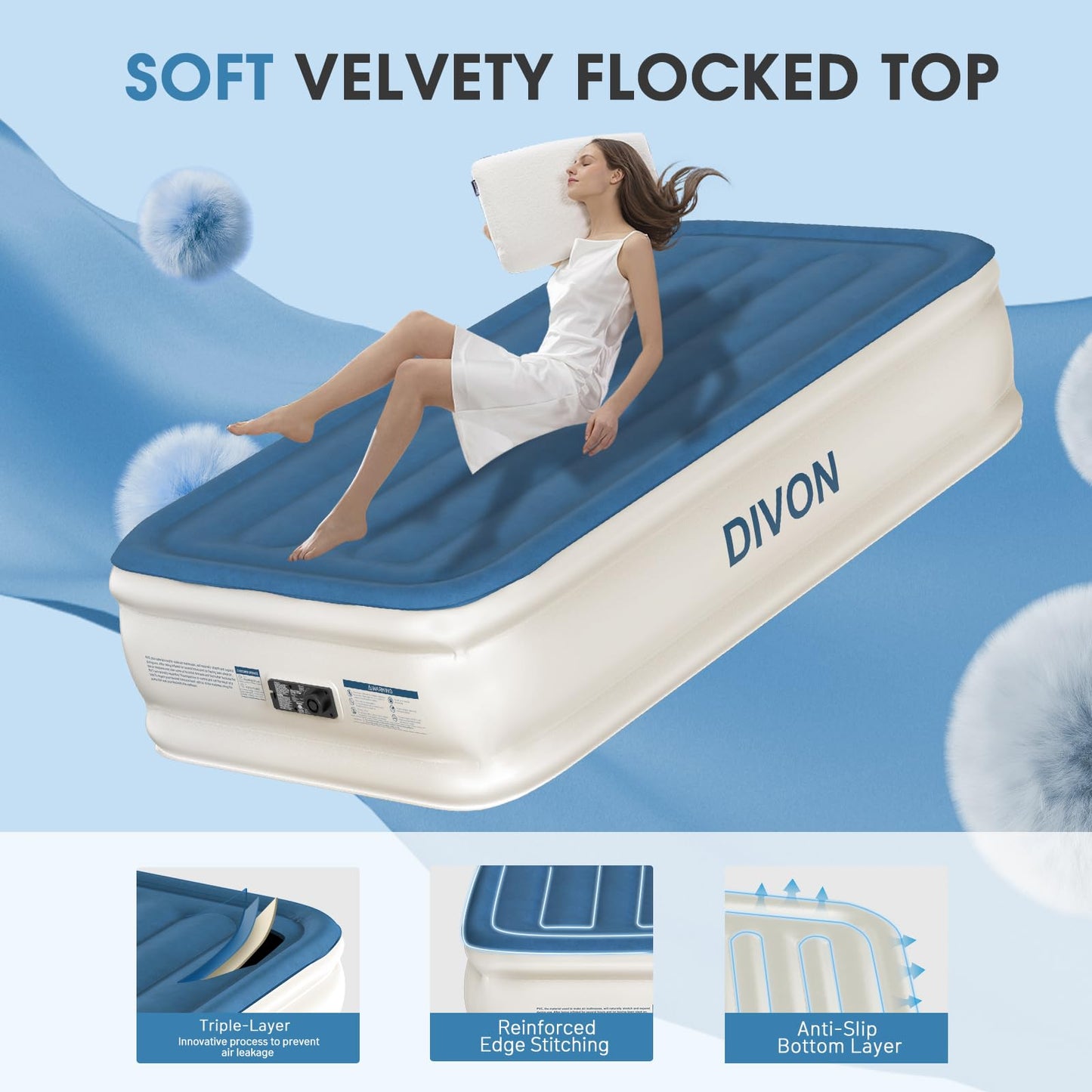 DIVON Twin Air Mattress with Built in Pump Raised,18”Single Inflatable Mattress in 2 Mins,Foldable Blow Up Mattress,Portable Twin Size Air Mattress for Camping,Travel&Floor,Air Bed for Adults,330lbs
