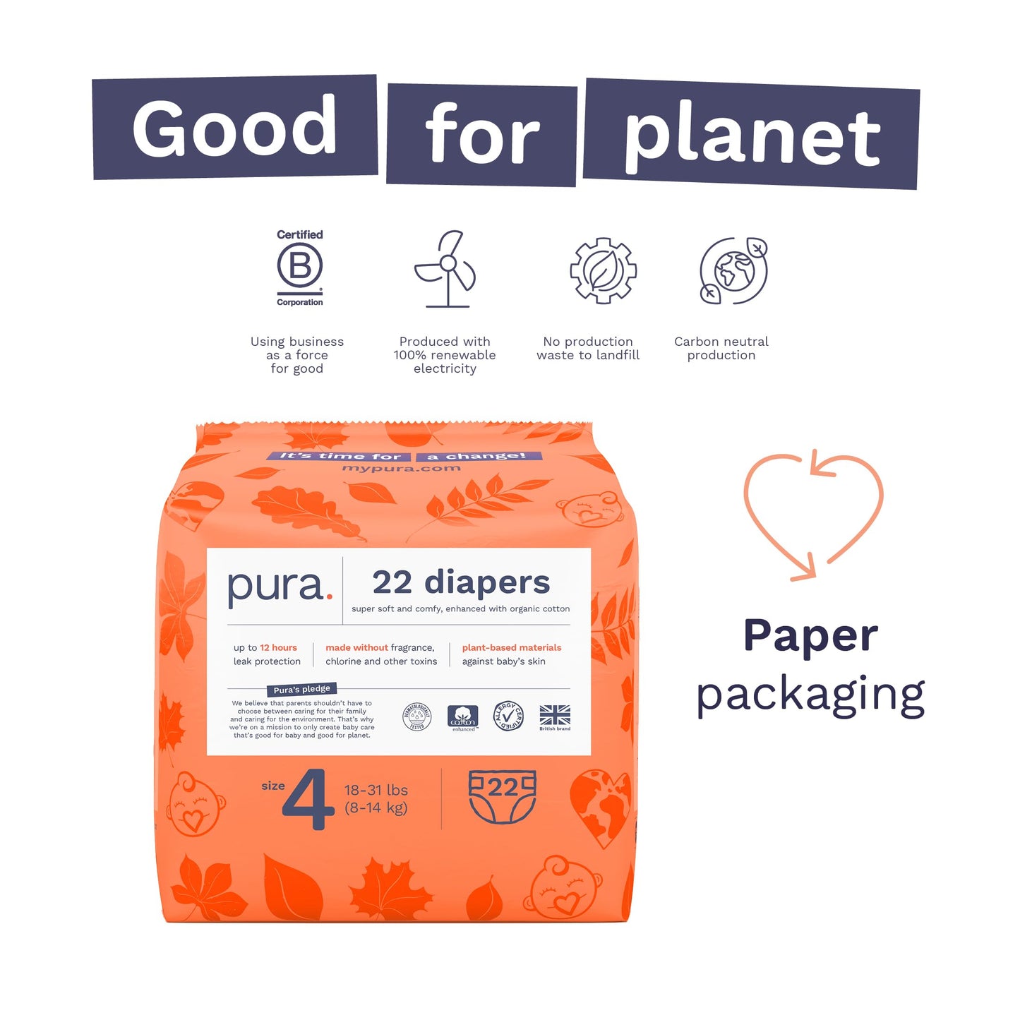 Pura Size 4 Diapers, 66 Count, Unisex, Organic Cotton, Leak-Free, Plant-Based, Dermatologically Tested, Allergy-Certified, Carbon Neutral, B-Corp