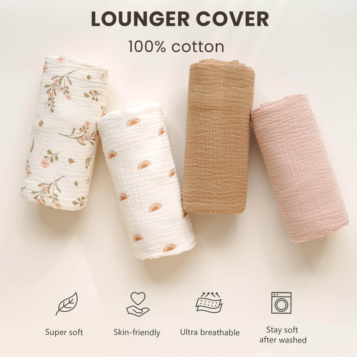 Konssy Muslin Baby Lounger Cover 2 Pack, 100% Cotton Newborn Lounger Cover, Soft and Breathable Baby Nest Slipcover for Boys Girls (Pink,Wheat)