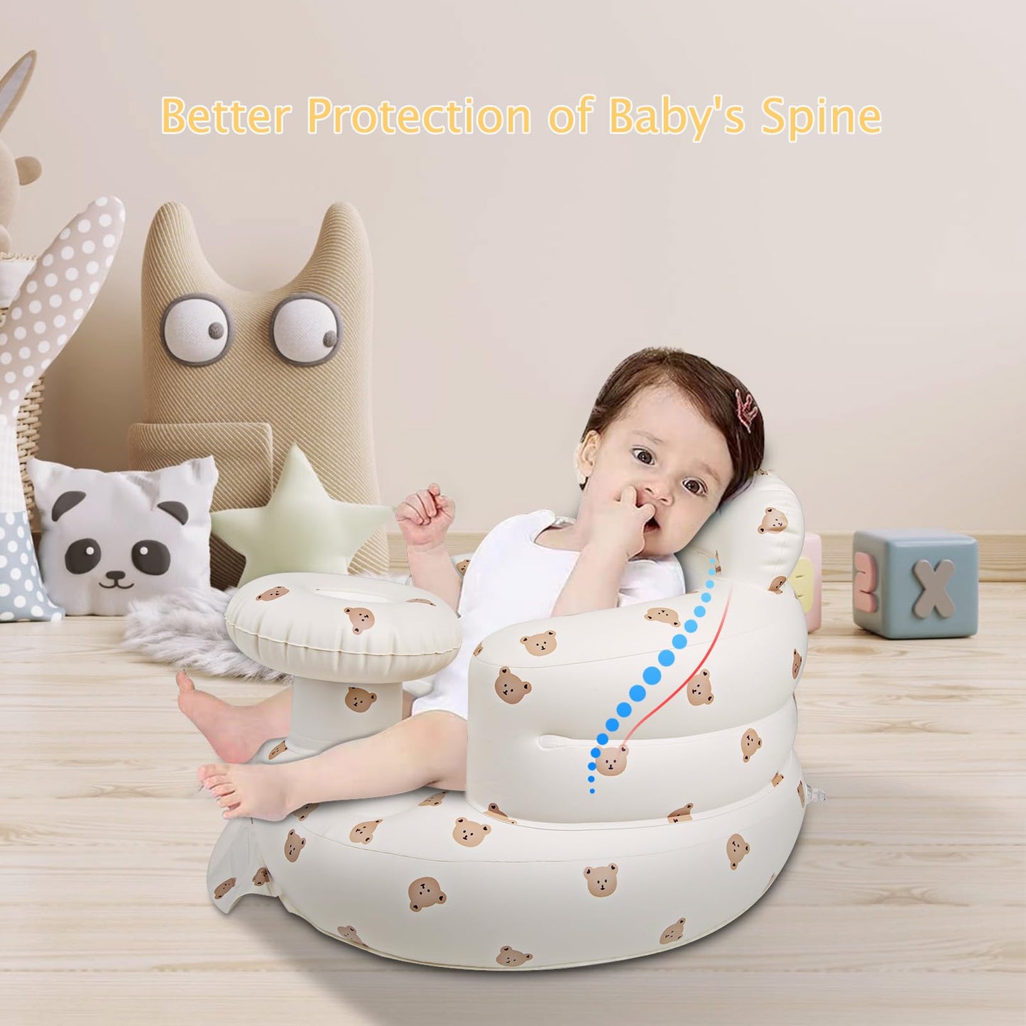EKEPE Inflatable Baby Chair with Tray for Babies 3 Months & Up, Blow Up Baby Seat with Built in Air Pump, Sit Me Up Floor Baby Seats for Infants for Sitting Up - Bear Head with Tray