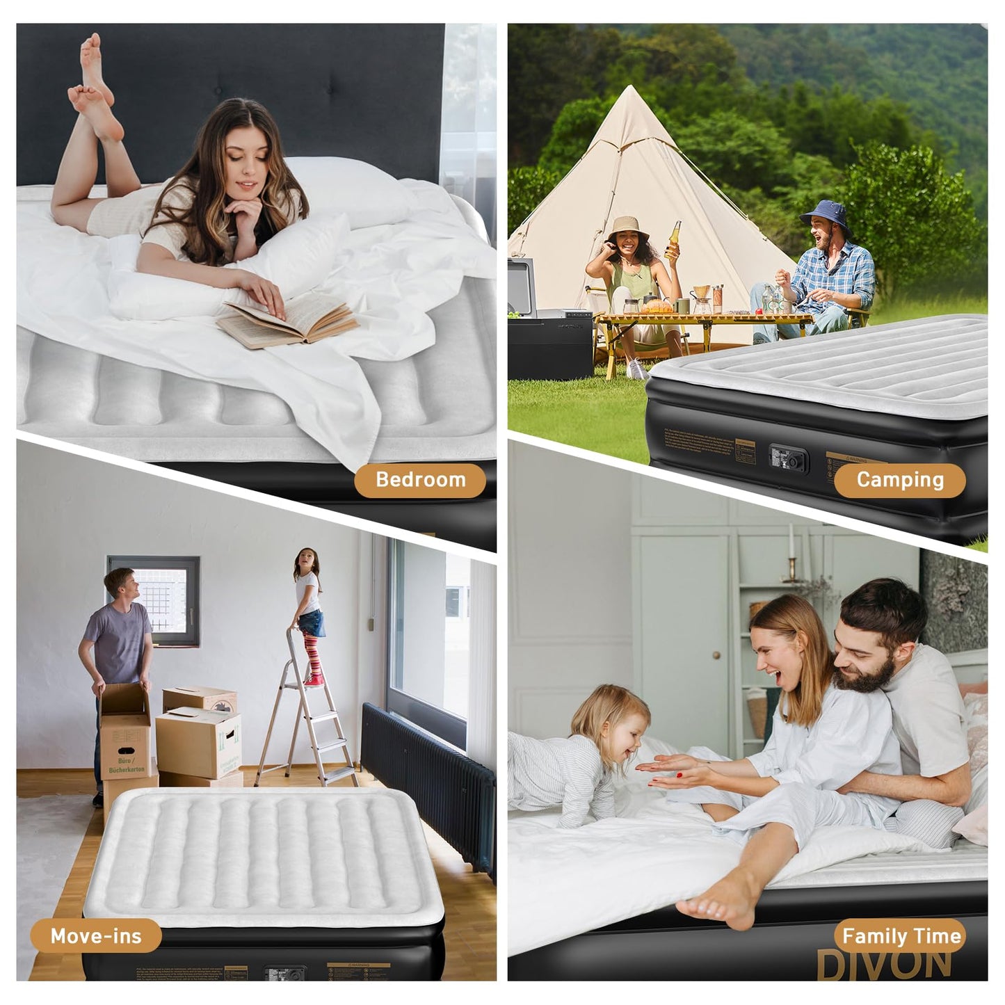 DIVON Air Mattress Queen with Built in Pump,Blow Up Mattress with Wave Pattern in 3 Mins,18'' Quick Inflatable Mattress, Luxury Airbed for Home&Camping,Black,660lbs