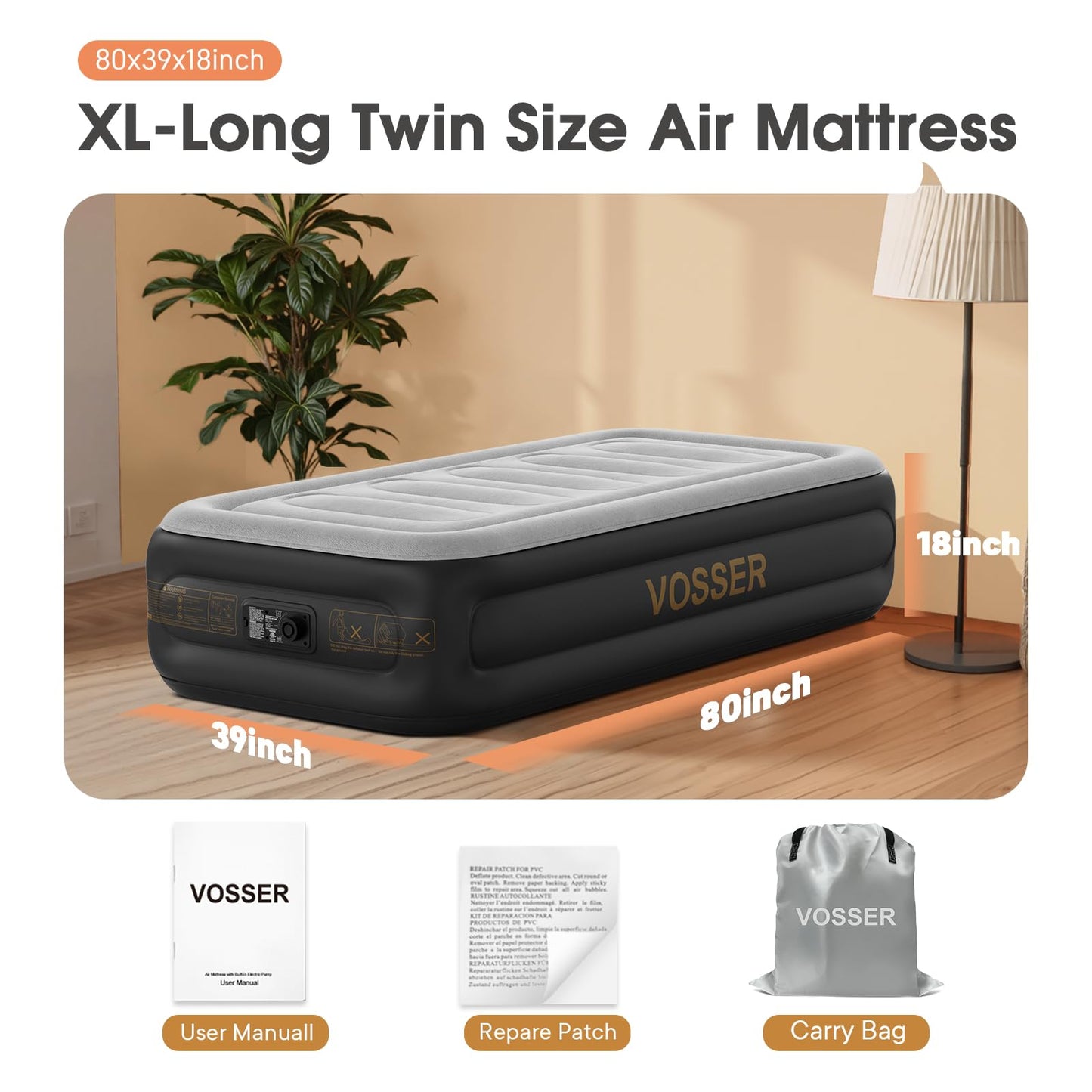 VOSSER Twin Air Mattress with Built in Pump,18''Inflatable Mattress 2 Mins Self-Inflation/Deflation,XL-Long Blow up Mattress Thicker,Flocked Top Air Bed with Storage Bag for Home, Camping & Guests