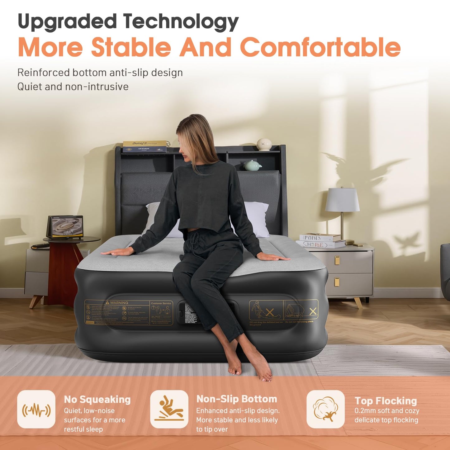 VOSSER Twin Air Mattress with Built in Pump,Inflatable Mattress 2 Mins Self-Inflation/Deflation,Thicker Blow up Mattress Leak-Proof,Flocked Top Air Bed with Storage Bag for Home, Camping & Guests