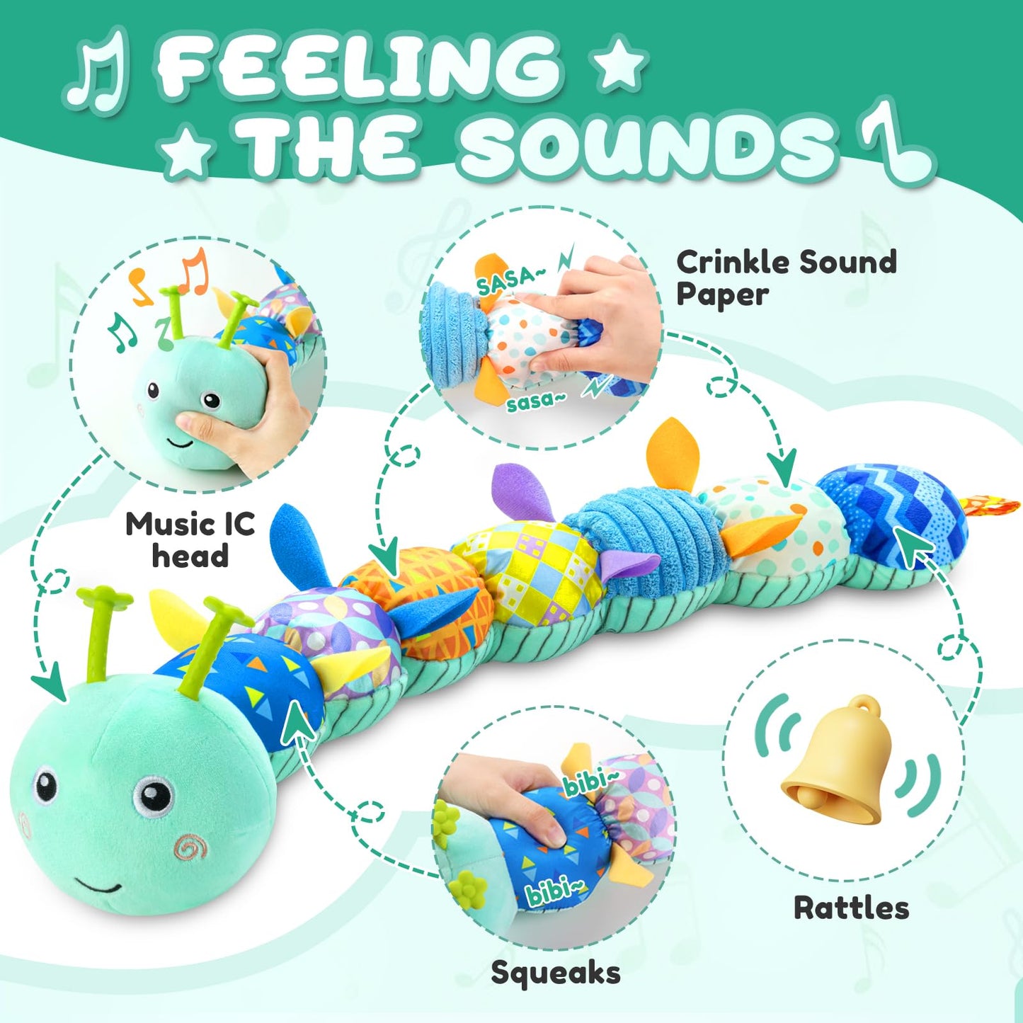 Awotoy Baby Toys 0 to 12 Months, Musical Stuffed Animal Activity Soft Toy with Multi-Sensory Crinkle, Rattle and Textures, Infant Tummy Time Toys for Newborn Boys Girls, Caterpillar, Blue