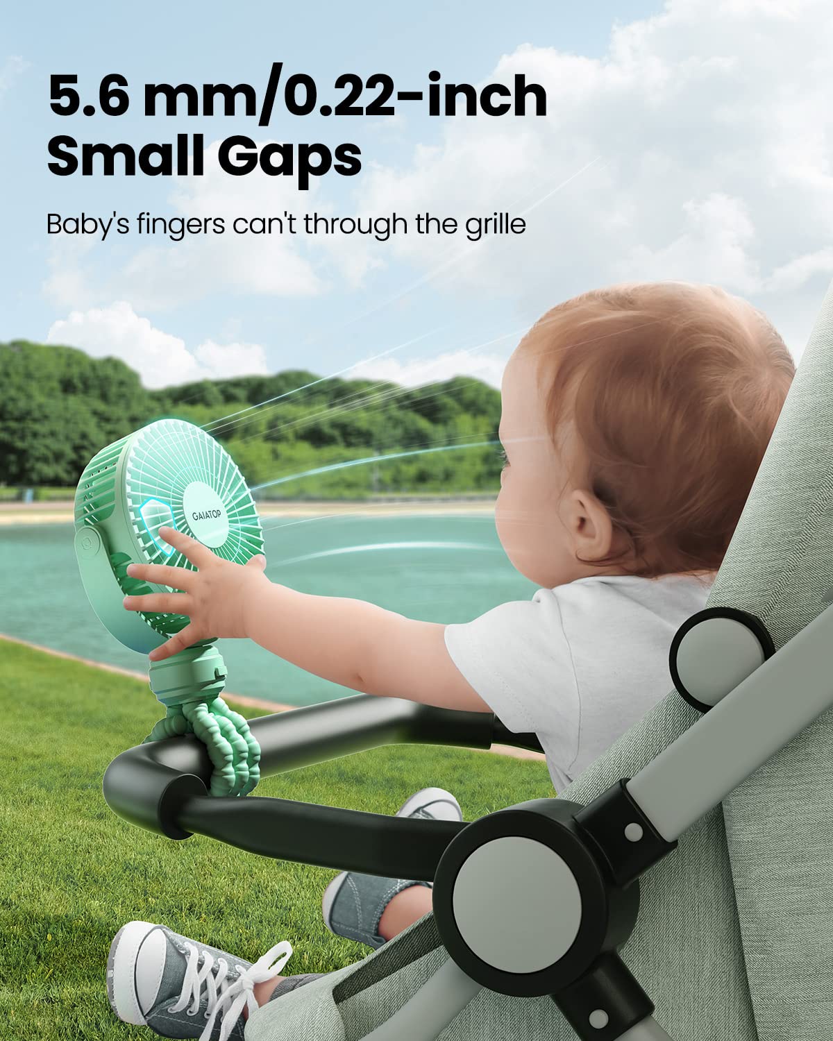 Gaiatop Mini Portable Stroller Fan, Battery Operated Small Clip on, Detachable 3 Speed Rechargeable, 360° Rotate Flexible Tripod Better Cooling for Car Seat Crib Treadmill Travel Green
