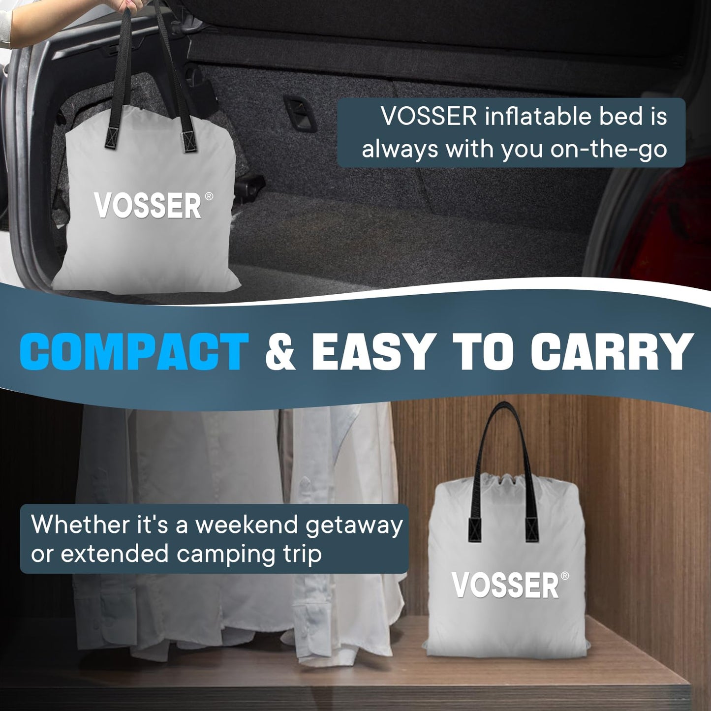VOSSER Queen Air Mattress with Built-in Pump,18''Fast & Easy Inflation/Deflation Inflatable Mattress, Foldable Blow Up Mattress with Storage Bag, Inflatable Bed for Home, Camping & Guests