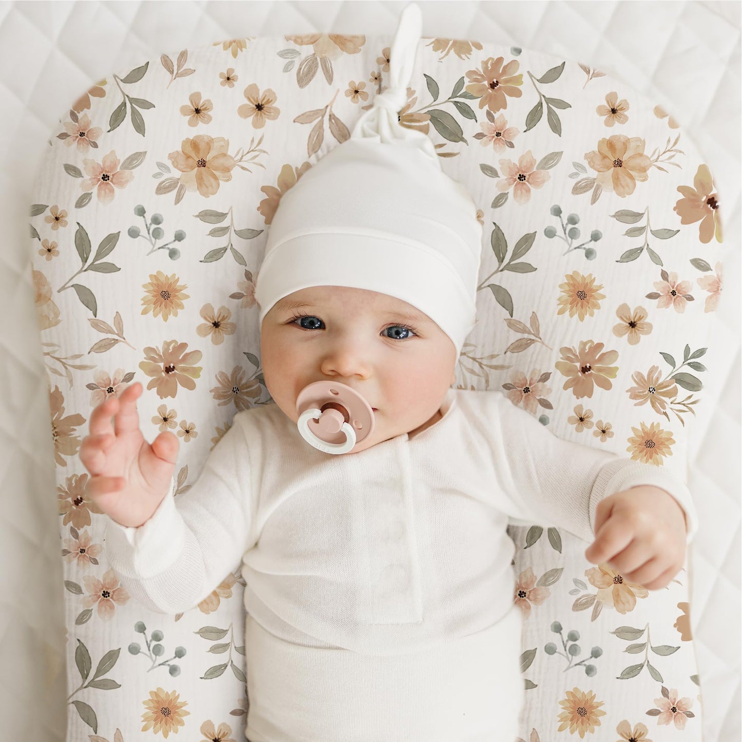 Konssy Muslin Baby Lounger Cover 2 Pack, 100% Cotton Newborn Lounger Cover, Soft and Breathable Baby Nest Slipcover for Boys Girls (Peach, Flowers)