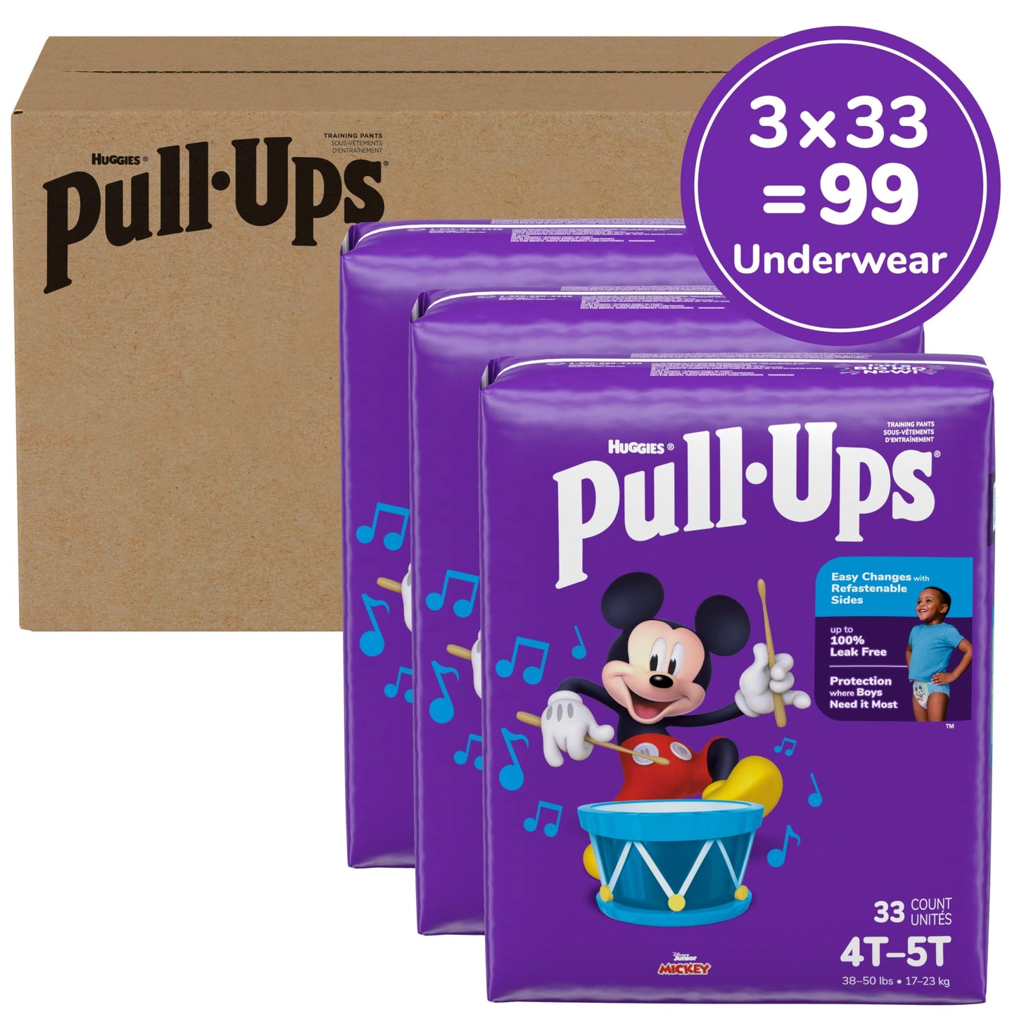 Pull-Ups Boys' Potty Training Pants, Size 4T-5T Training Underwear (38-50 lbs), 99 Count (3 Packs of 33), Packaging May Vary