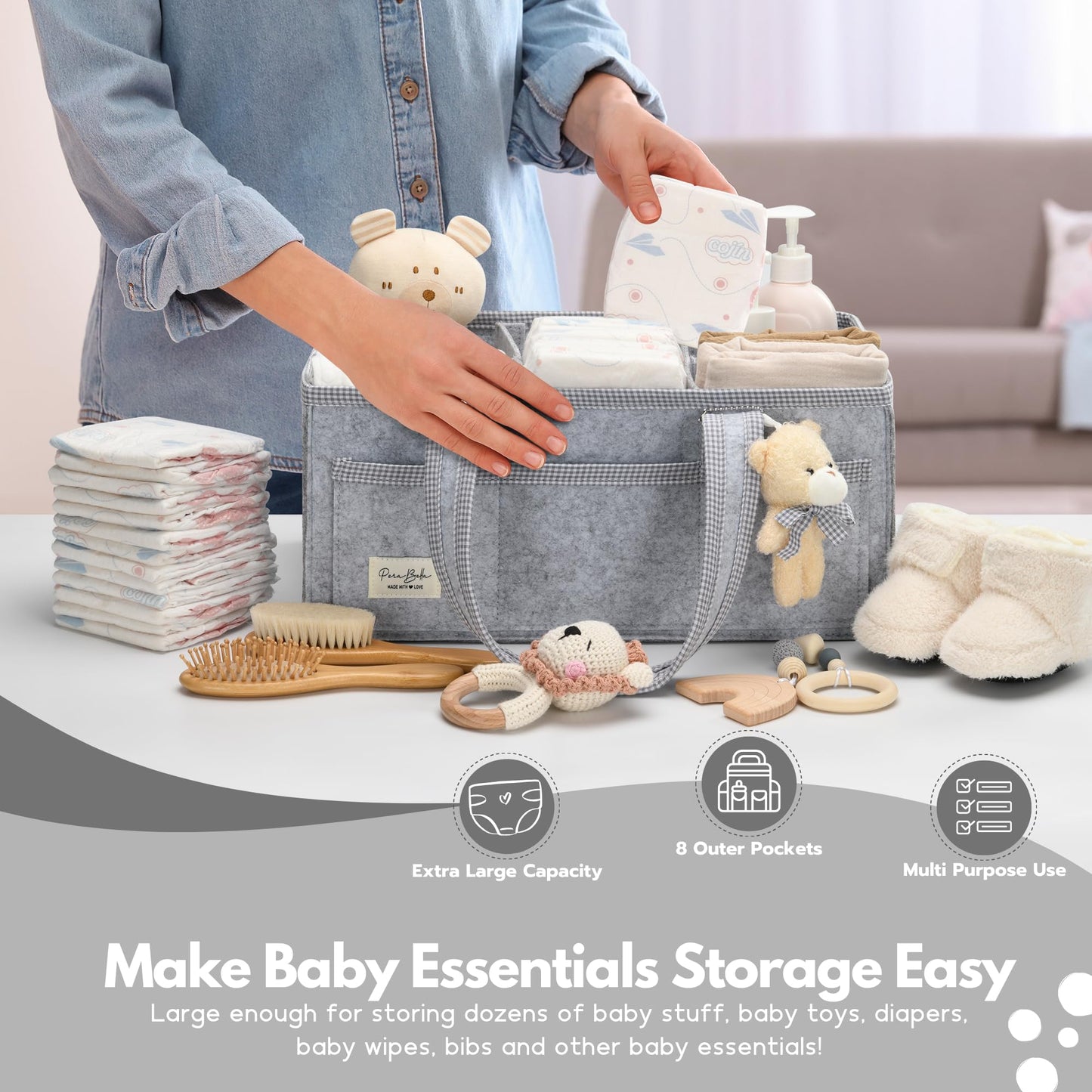 PeraBella Diaper Caddy Organizer with Handle, Baby Shower Gifts Basket Bag, Registry Search Must Haves Items, Nursery Storage Organizer for Newborn Girl Boy, Baby Bag Essentials, Car Diaper Caddy Cart