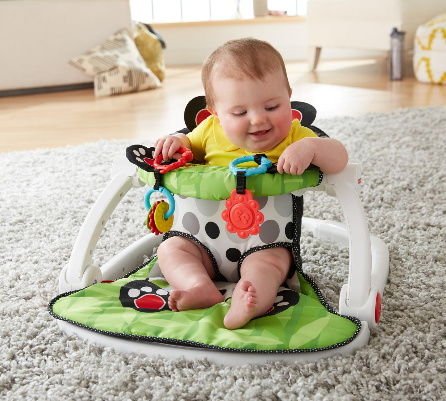 Fisher-Price Portable Baby Chair Sit-Me-Up Floor Seat with Developmental Toys and Crinkle & Squeaker Seat Pad, Panda Paws
