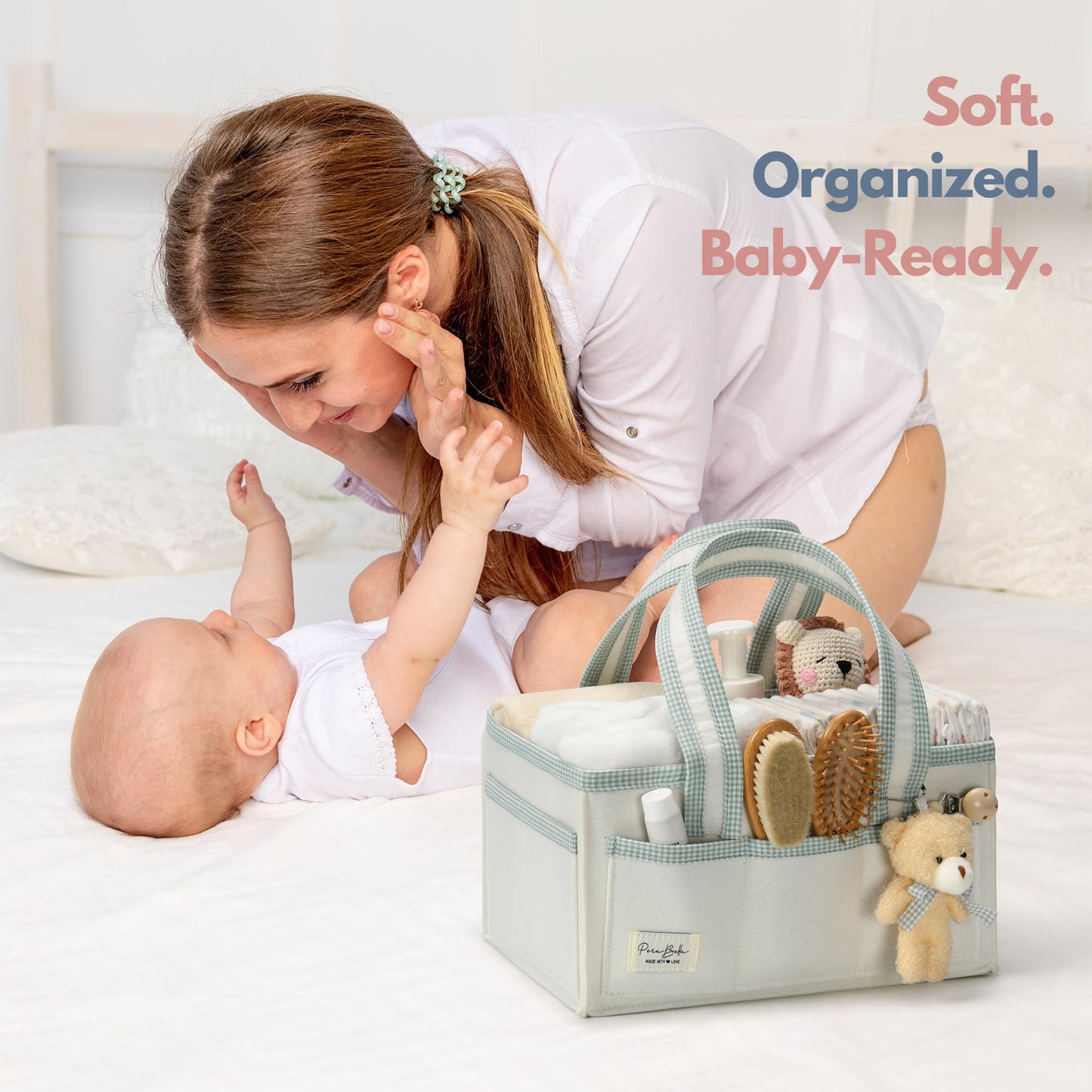 PeraBella Diaper Caddy Organizer with Handle, Baby Shower Gifts Basket Bag, Registry Search Must Haves Items, Nursery Storage Organizer for Newborn Girl Boy, Baby Bag Essentials, Car Diaper Caddy Cart