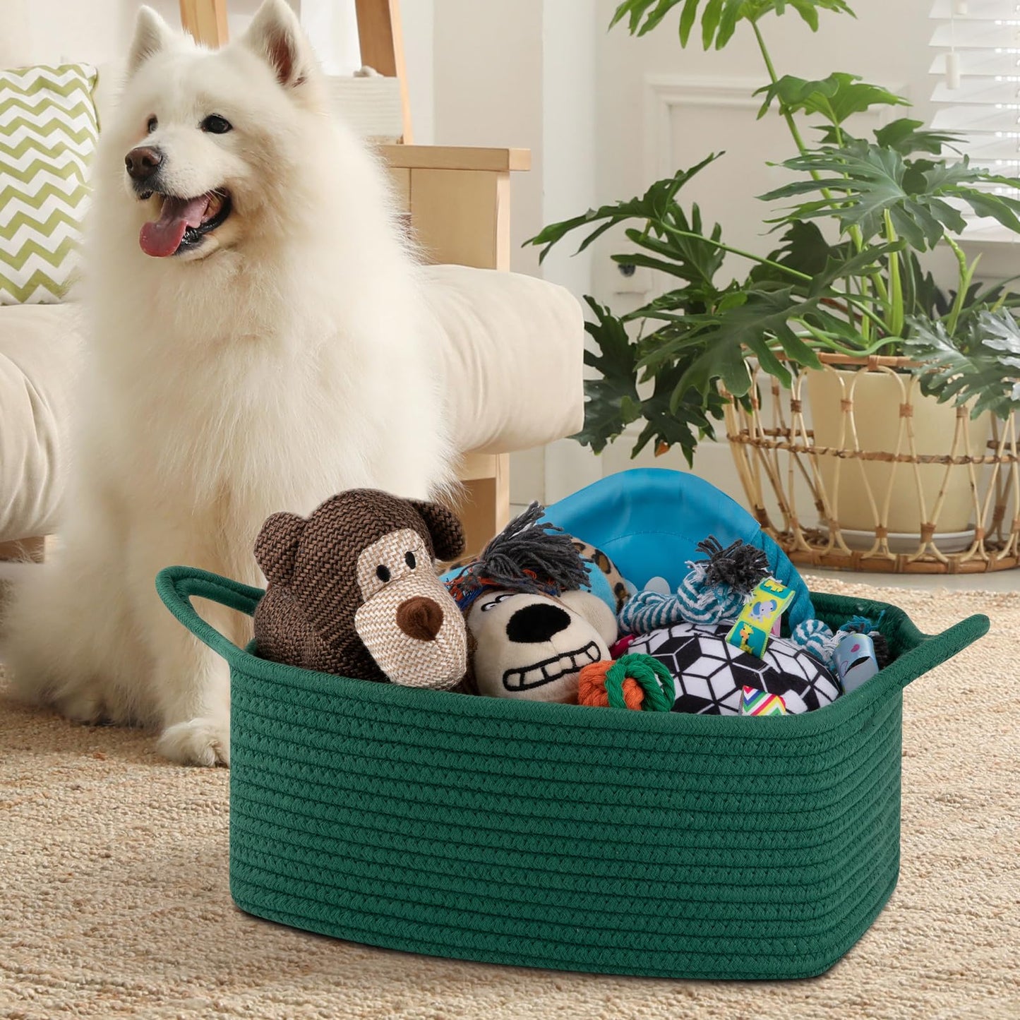 OIAHOMY Woven Basket, Gift Basket Empty with Gift Bags and Ribbons, Rope Baskets for Baby Showers, Storage Baskets with Handles for Nursery, Pet Toy Organizer - Green