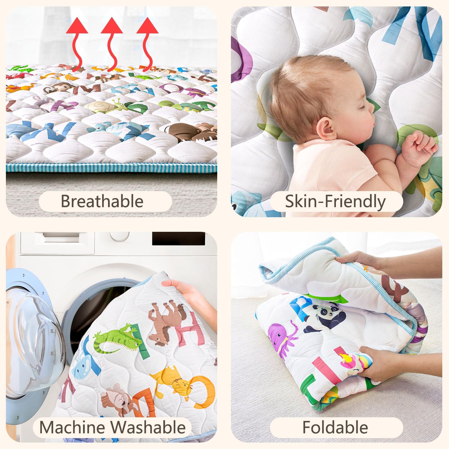 Beavtaens Baby Play Mat, 50x50 Playpen Mat with Super Soft Touch, Activity Mats with Upgraded Anti-Slip Bottom, Machine Washable Crawling Mats for Floor & Picnic (Animal Alphabets)