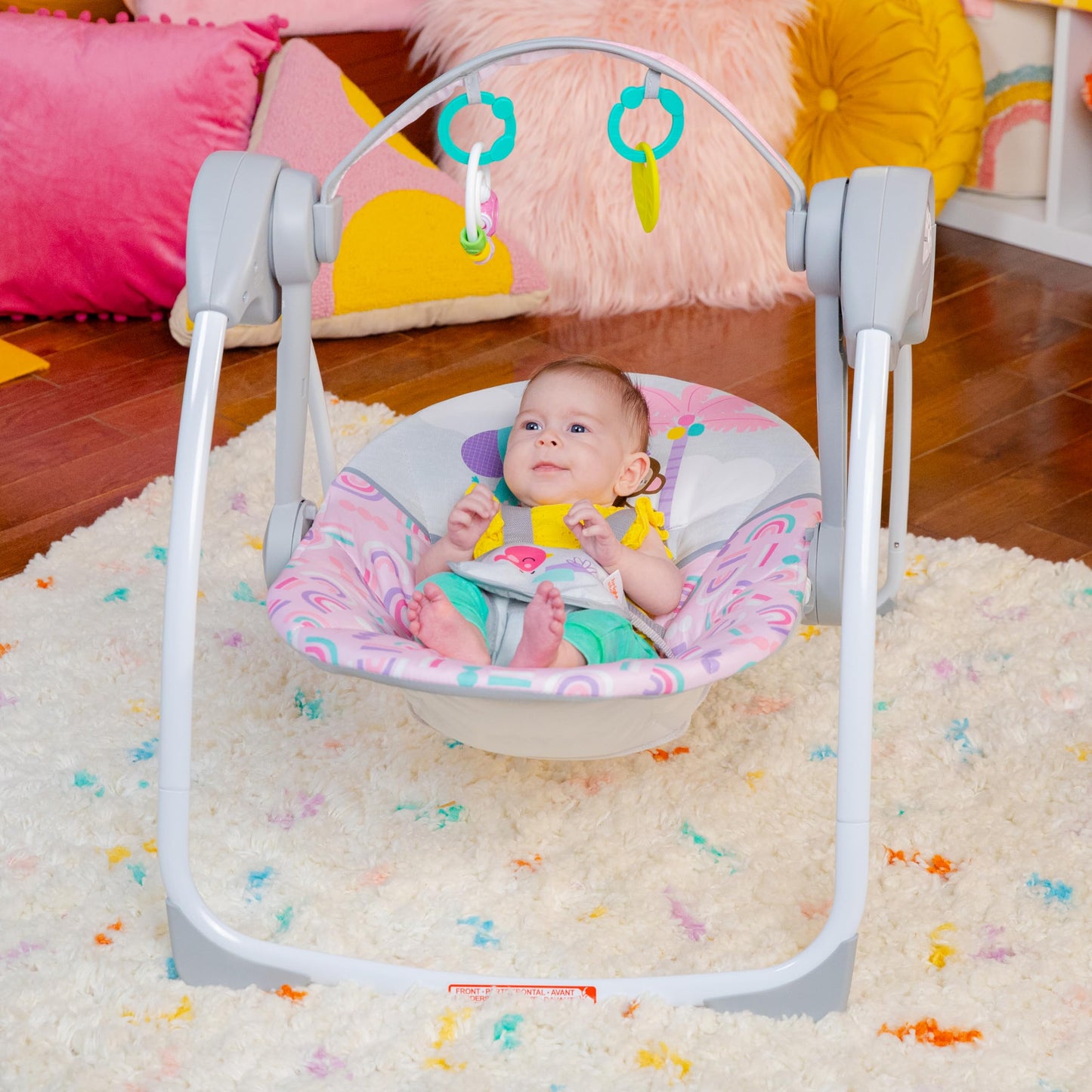 Bright Starts Pink Paradise Portable Compact Automatic Baby Swing with Music, Unisex, Newborn +