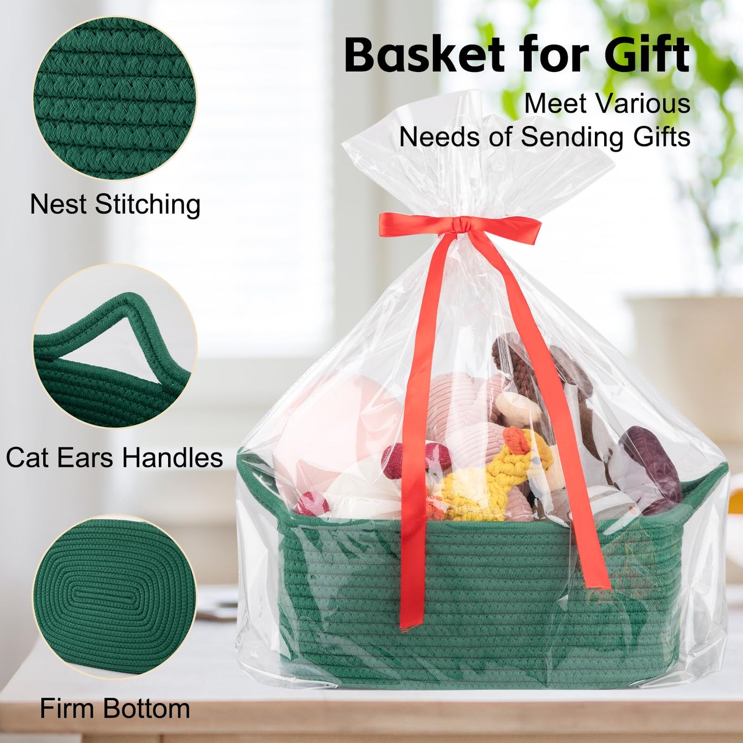 OIAHOMY Woven Basket, Gift Basket Empty with Gift Bags and Ribbons, Rope Baskets for Baby Showers, Storage Baskets with Handles for Nursery, Pet Toy Organizer - Green