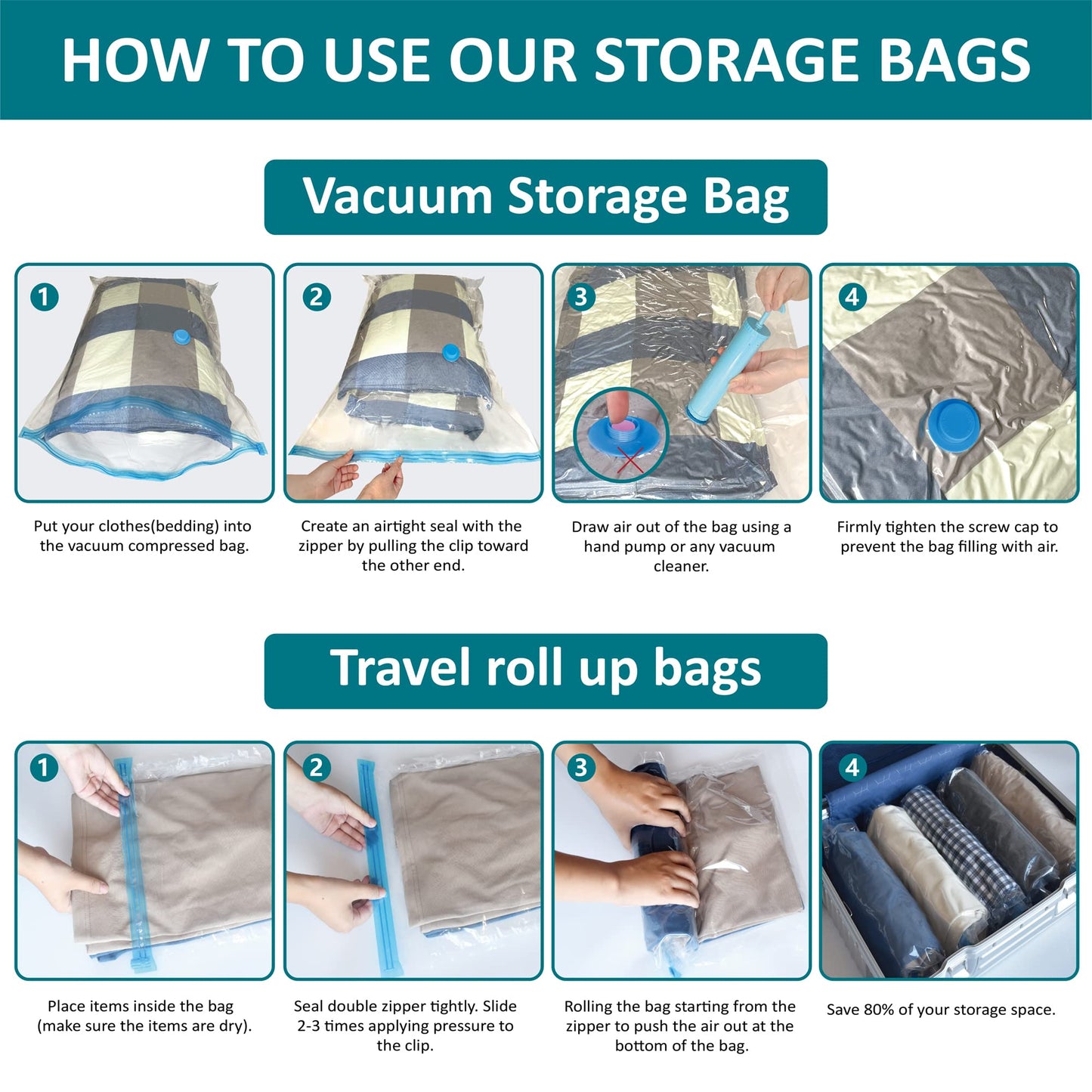 30 Pack Vacuum Storage Bags, Space Saver Vacuum Storage Bags, Vacuum Seal Bags for Clothing, Clothes, Comforters and Blankets, Hand Pump Included