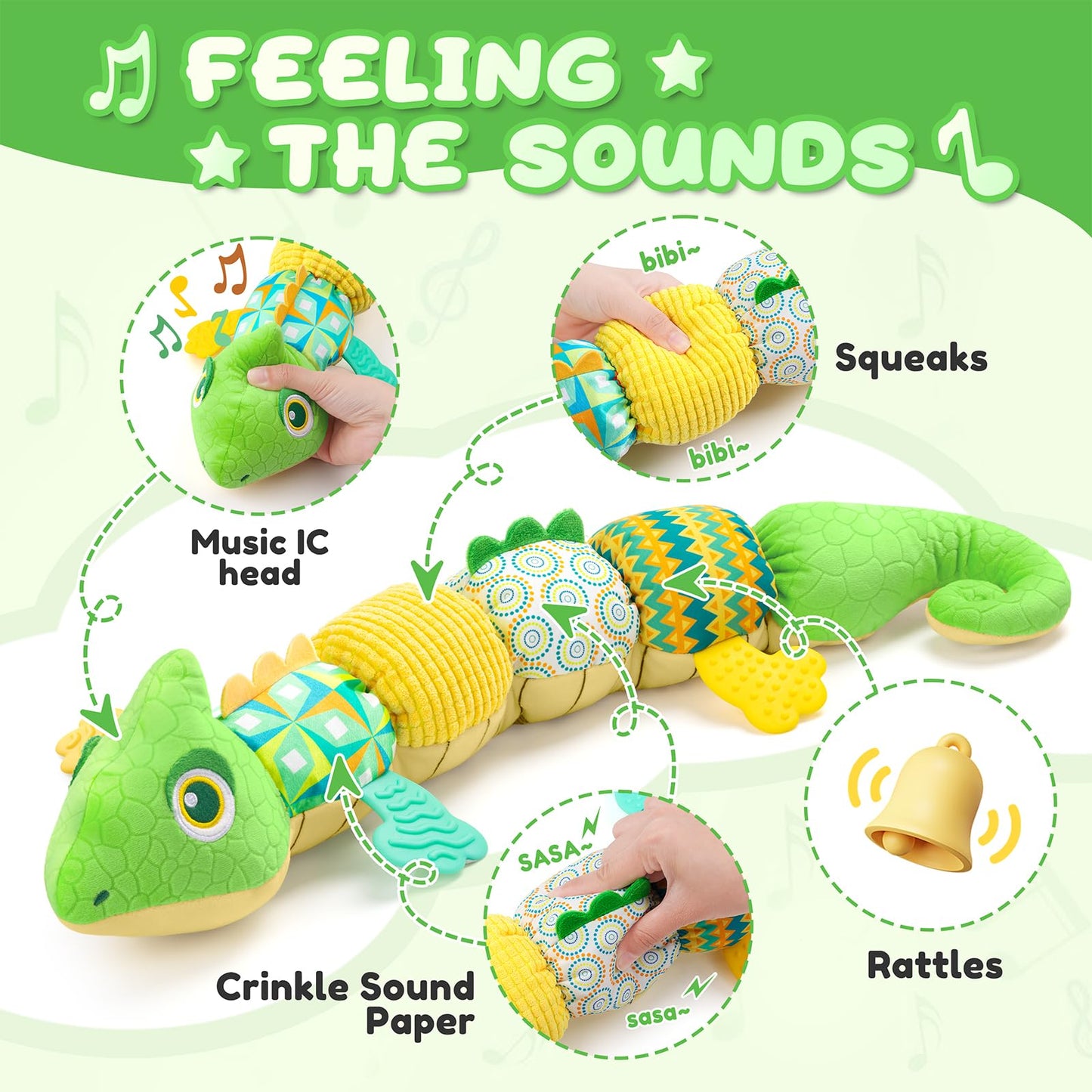 AWOTOY Baby Toys 0-6-12 Months, Musical Stuffed Animal Activity Soft Toys with Multi-Sensory Crinkle,Rattles and Textures,Infant Tummy Time Toys for Newborn Boys Girls,Dinosaur,Green