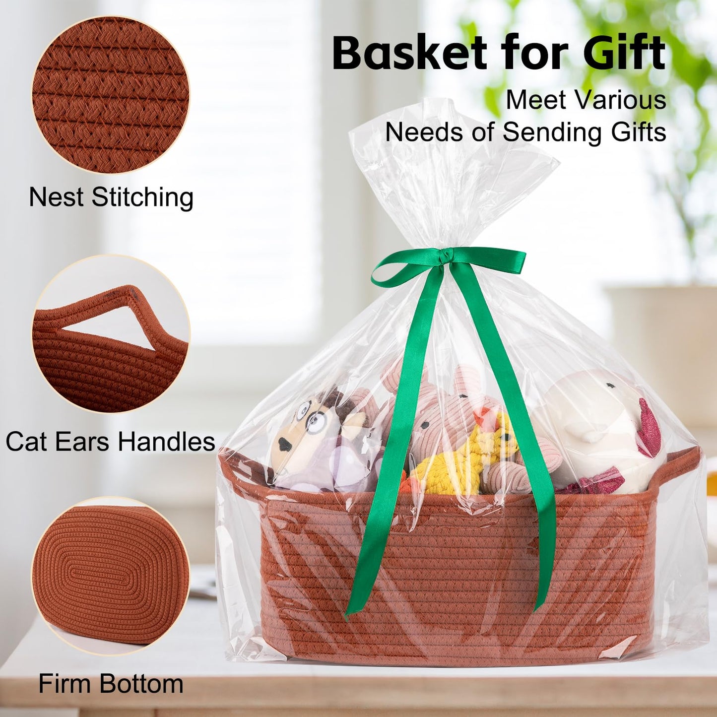 OIAHOMY Woven Basket, Gift Basket Empty with Gift Bags and Ribbons, Rope Baskets for Baby Showers, Storage Baskets with Handles for Nursery, Pet Toy Organizer - Rust Red