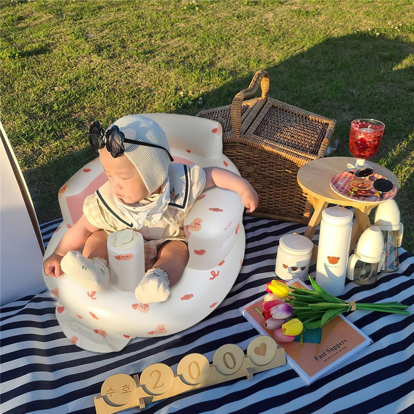 EKEPE Inflatable Baby Chair with Built in Air Pump, Sit me Up Floor Seat for Baby 3 Months & Up, Blow Up Baby Seats for for Infants for Sitting Up - Bunny